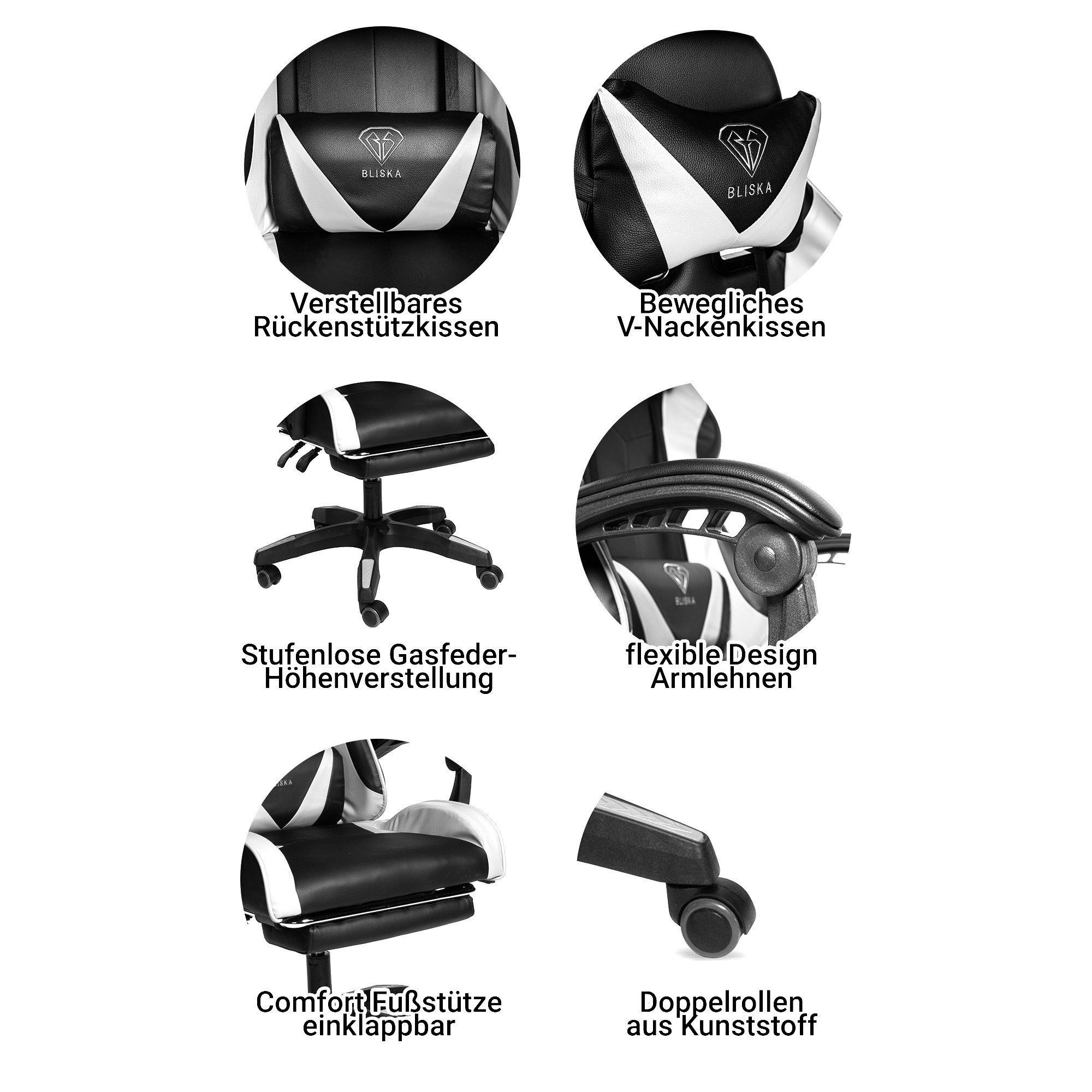 Bürostuhl Chefsessel Schwarz im Gaming-Design (einzeln), Ikarus / TRISENS Fußstütze Stuhl ergonomischen mit Gaming Weiß