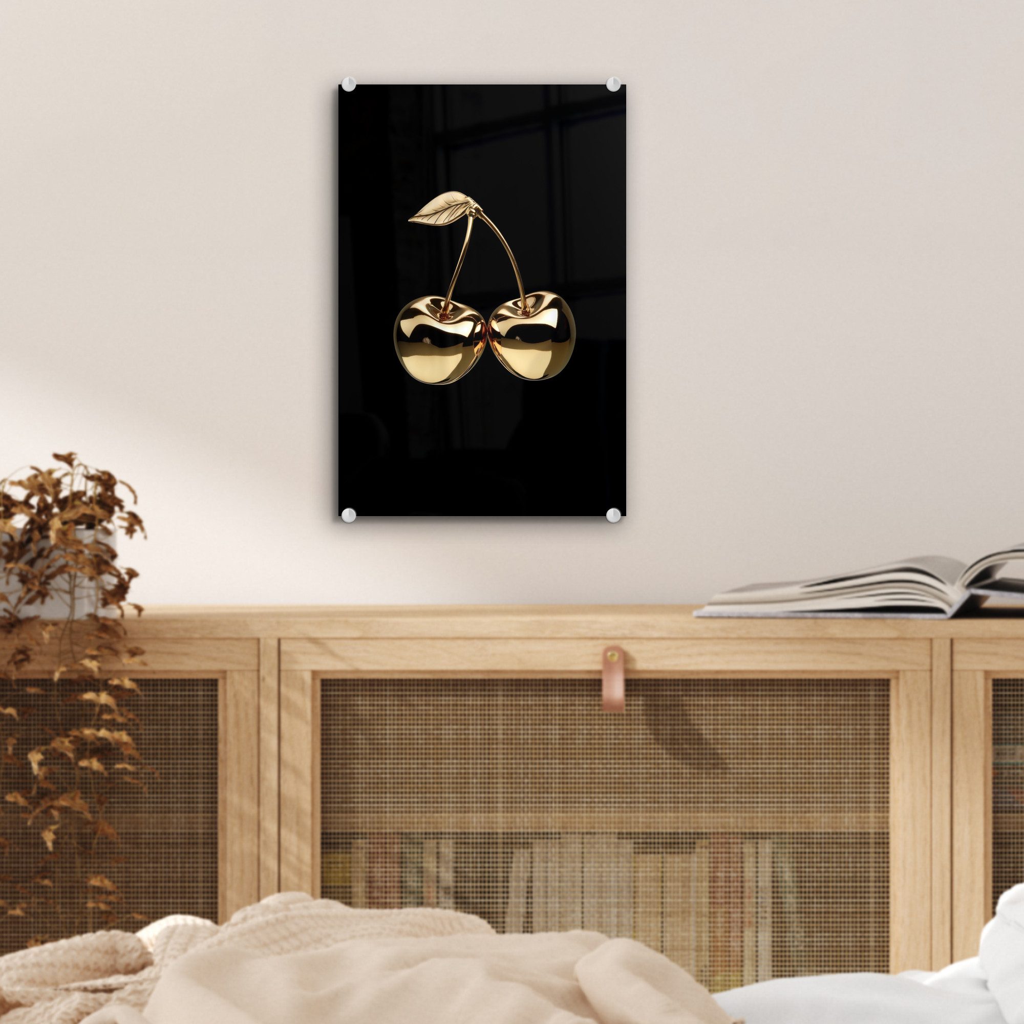 MuchoWow Acrylglasbild Kirsche - Schwarz - Gold - Chrom, Inkl. Aufhängung, Dekorative Bild für Küche & Wohnzimmer auf Glas, 20x30 cm – Bild 5 von 5