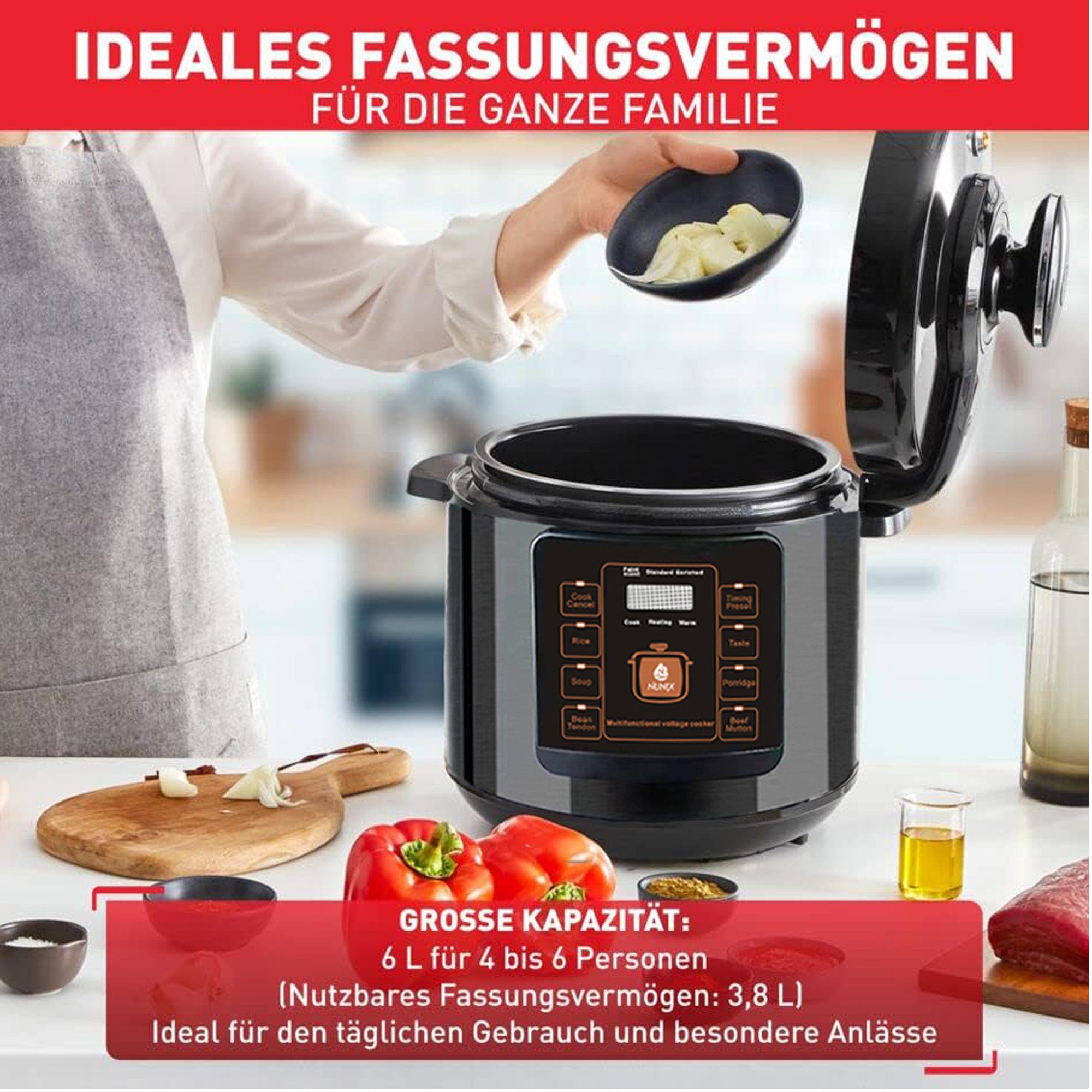 ibettertec Reiskocher Digitaler Reiskocher mit Dampfgarer, Schnellkochtopf 8 Programme, 6 Liter Schnellkochtopf, Schongarer, Warmhaltefunktion, Timer