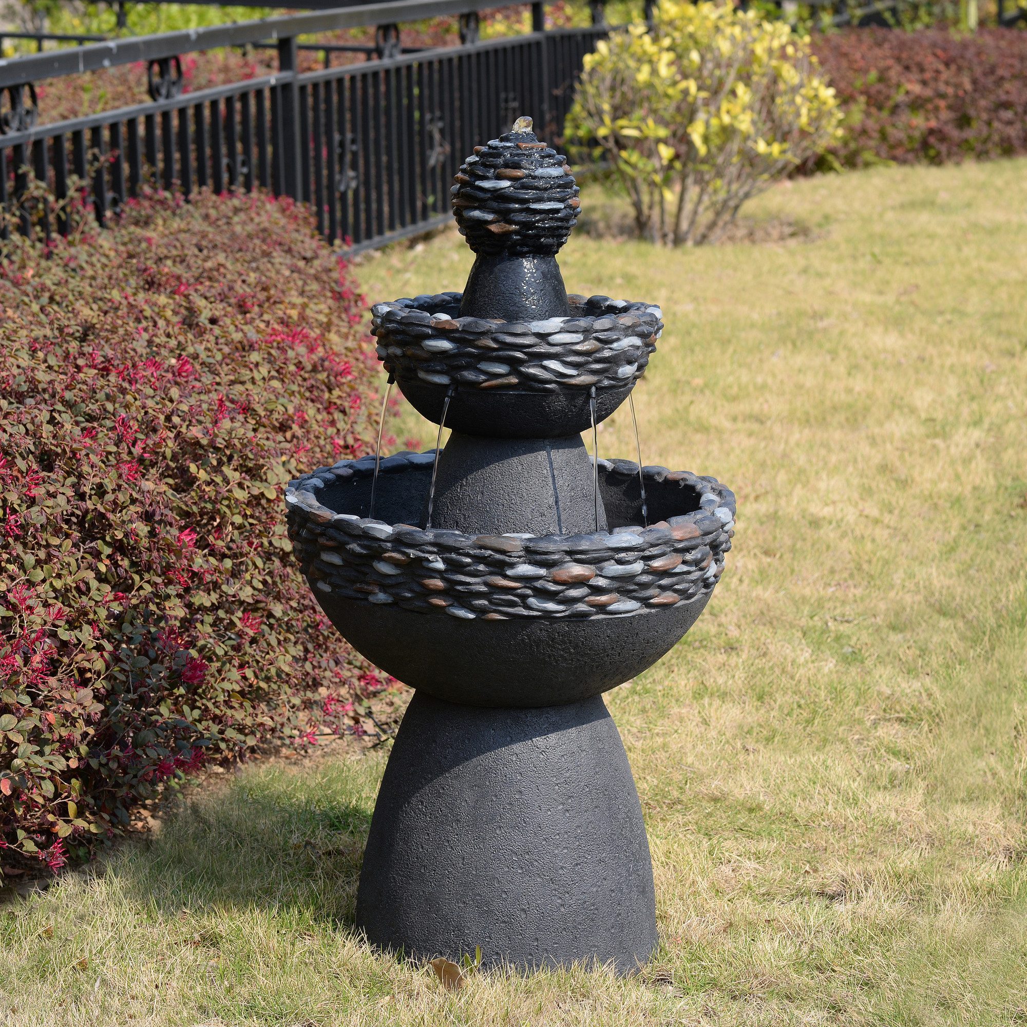 Teamson Home Gartenbrunnen 3-stufiger Sockel-Gartenbrunnen in Steinoptik mit LED, Grau
