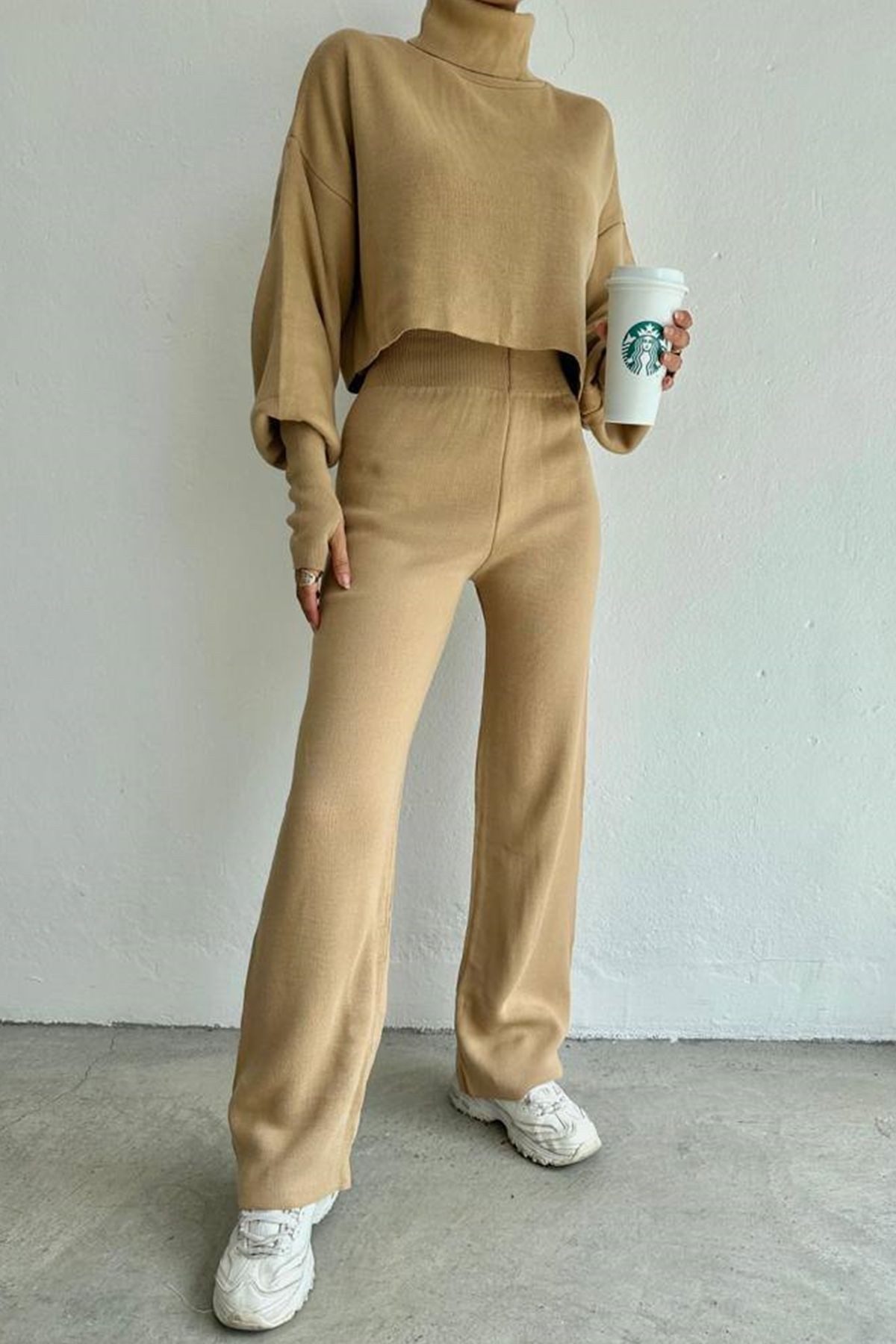 WOMAN VISION Blusentop Rollkragenpullover und hochgeschnittene Strickhose (Oberteil und Hose)