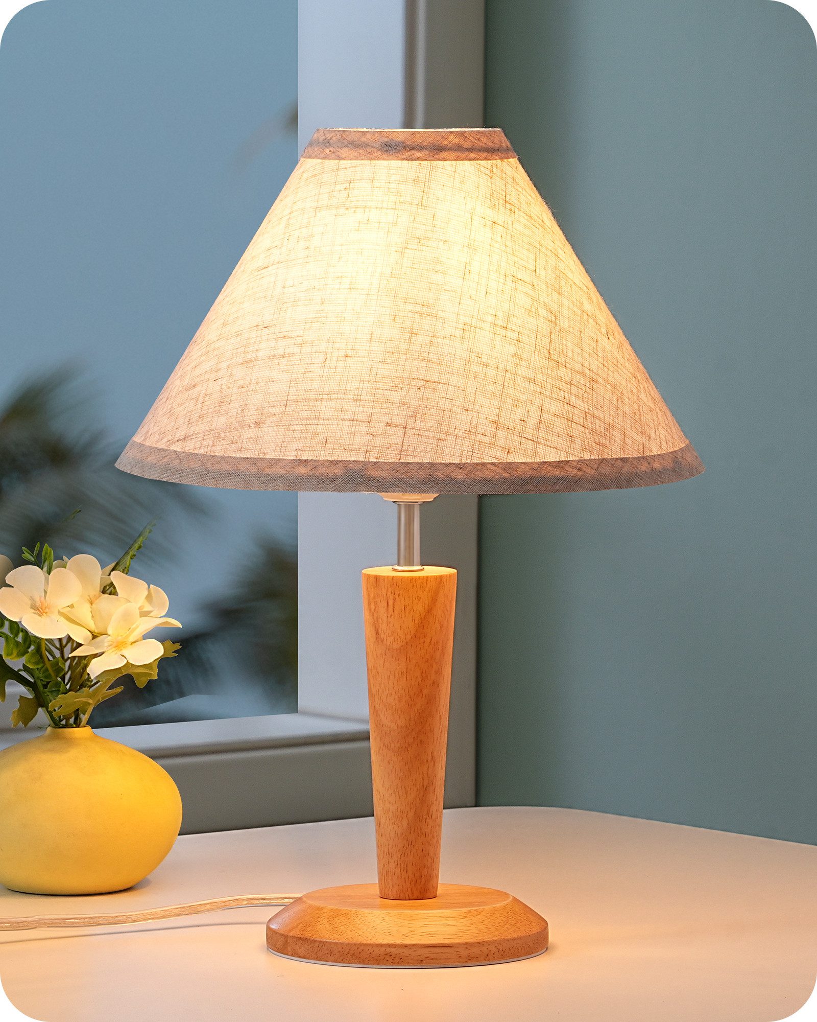 EDISHINE Nachttischlampe mit Massivholzsockel & Leinen-Lampenschirm, LED wechselbar, Warmweiß, Höhe 34 cm, inkl. 4W LED-Leuchtmittel, für Fensterbank, Geschenk