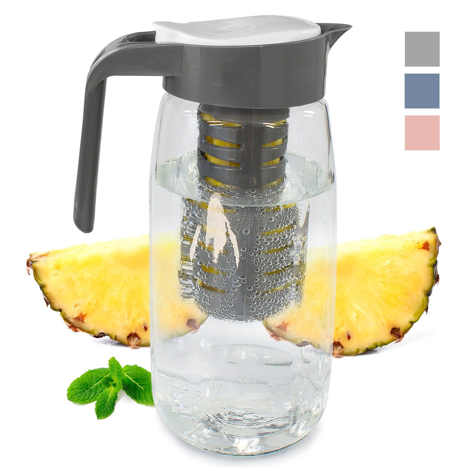EAXUS Wasserkaraffe Glas Karaffe mit Fruchteinsatz - Wasser Karaffe mit Deckel, 1,5 Liter, Auslaufsicher, Spülmaschinenfest