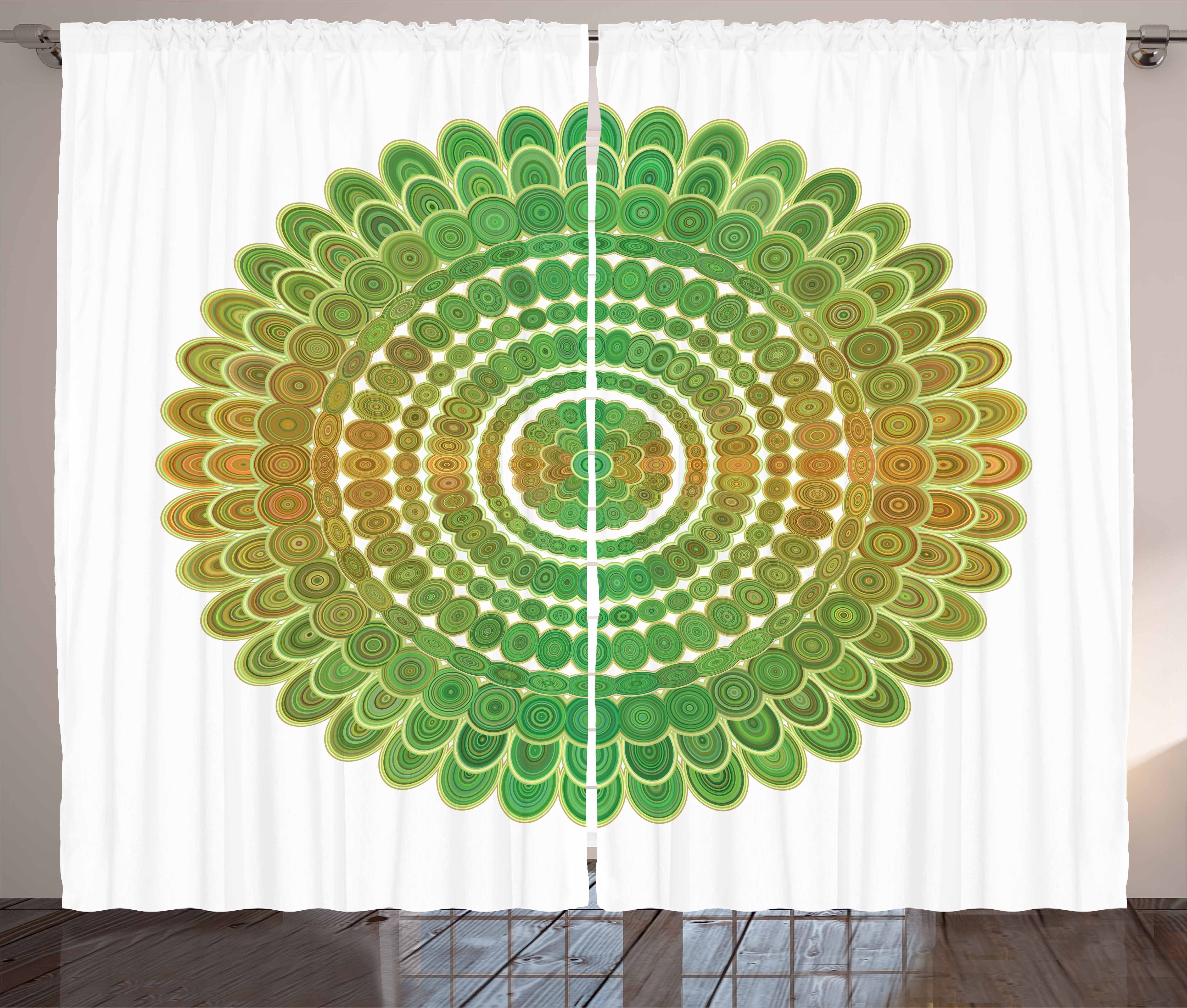 Gardine Schlafzimmer Kräuselband Vorhang mit Schlaufen und Haken, Abakuhaus, grüne Mandala Kreis-Skala-Muster