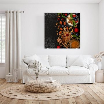 Primedeco Glasbild Wandbild Quadratisch Honig und Beeren mit Aufhängung, Cerealien