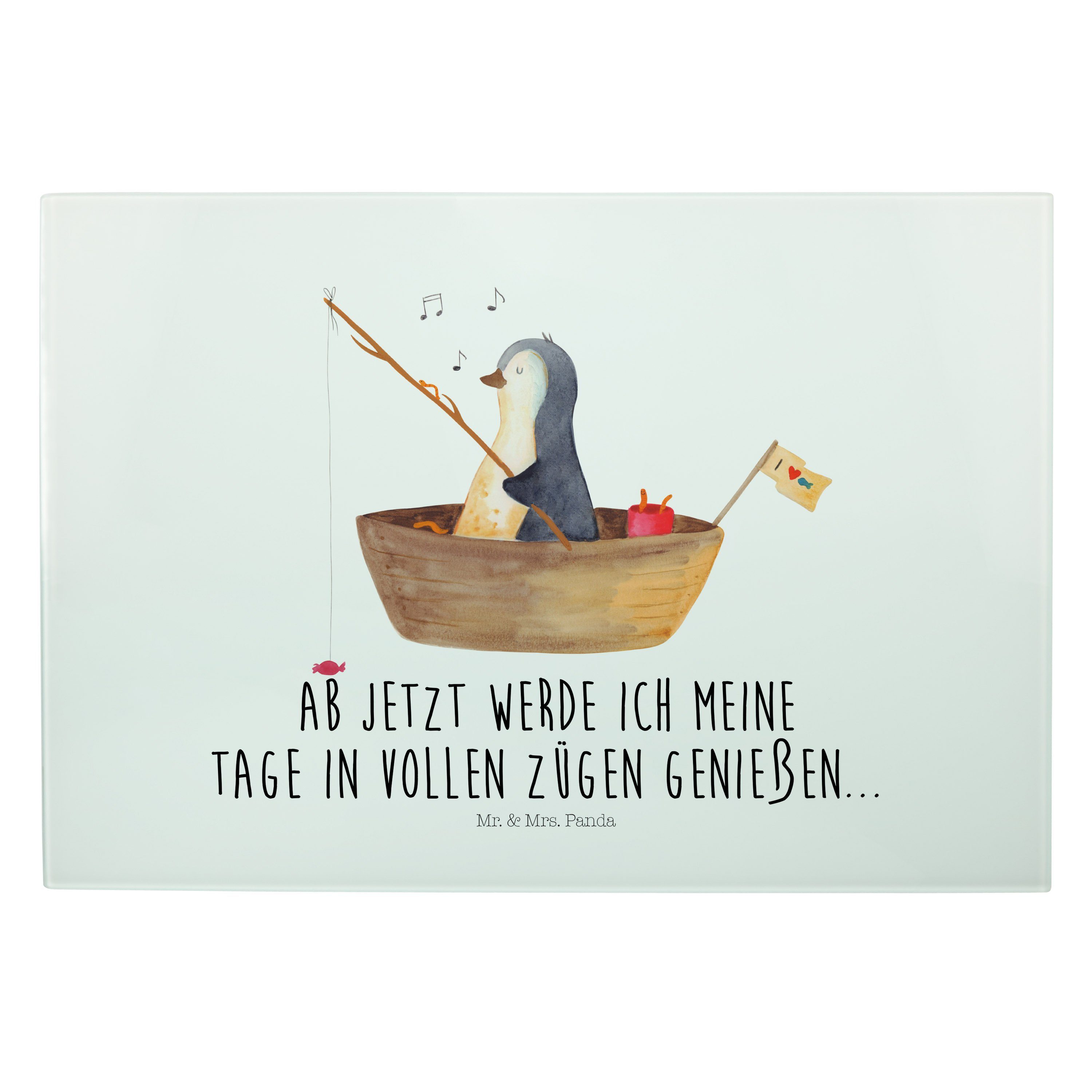 Glasschn, - Angelboot Mrs. & Geschenk, Premium Mr. Weiß (1-St) Pinguin Frühstücksbrett, - Panda Leben, Servierbrett Glas,