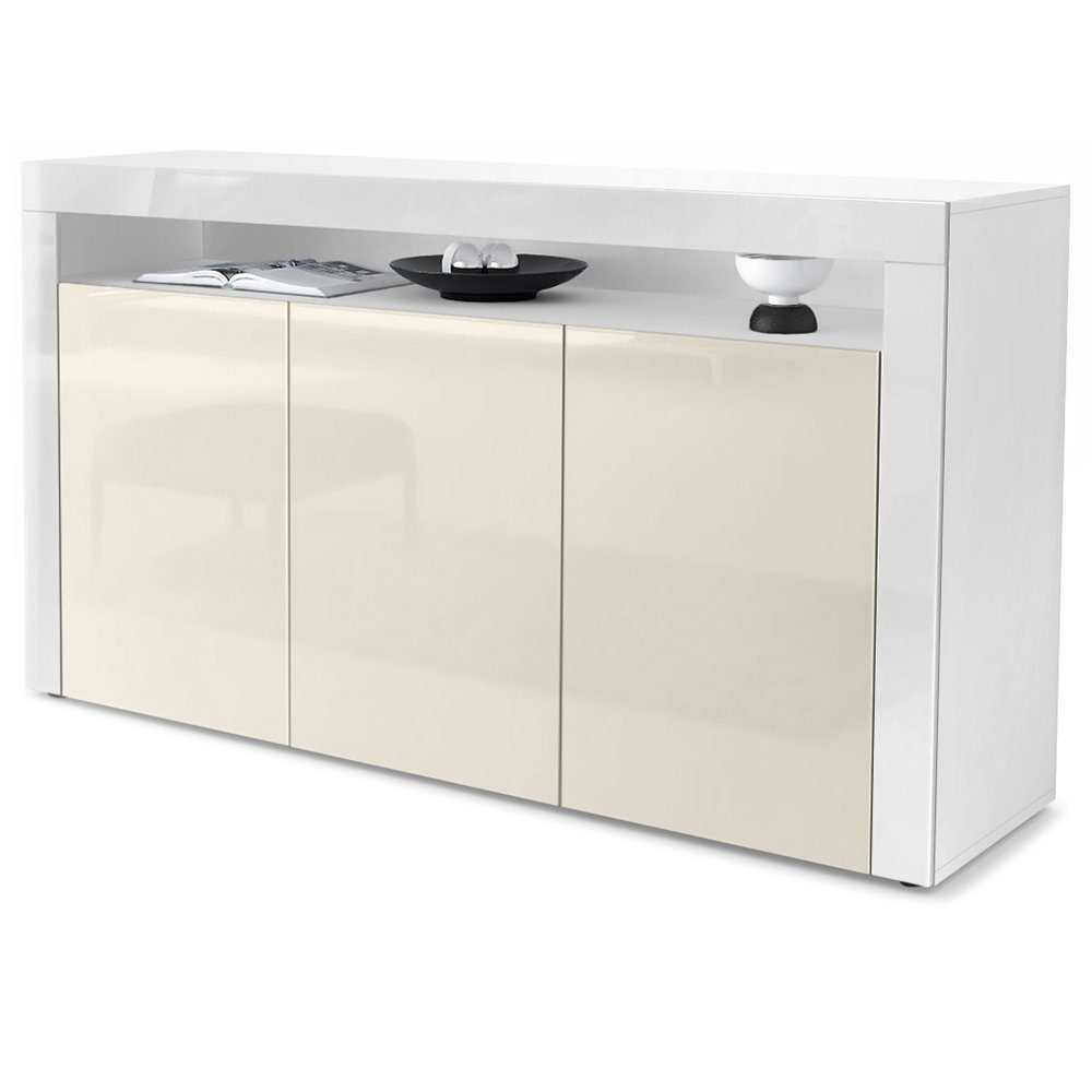 Vladon Sideboard Valencia (Sideboard, mit 3 Türen und 1 offenem Fach), Weiß matt/Creme Hochglanz/Weiß Hochglanz (155 x 92 x 40 cm)