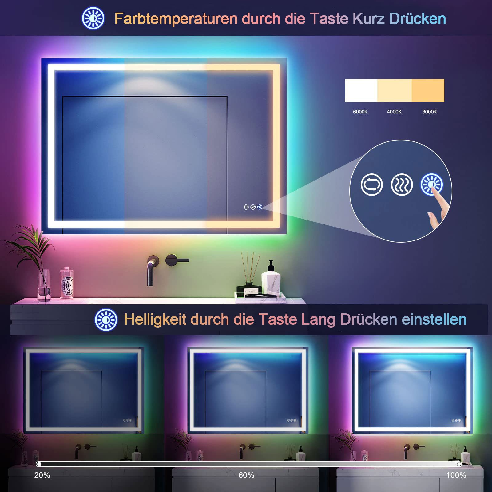Dripex Badspiegel LED Badezimmerspiegel Rechteckig Wandspiegel, Beschlagfrei, LED Spiegel mit Touch-Schalter, Energiesparend – Bild 3 von 5