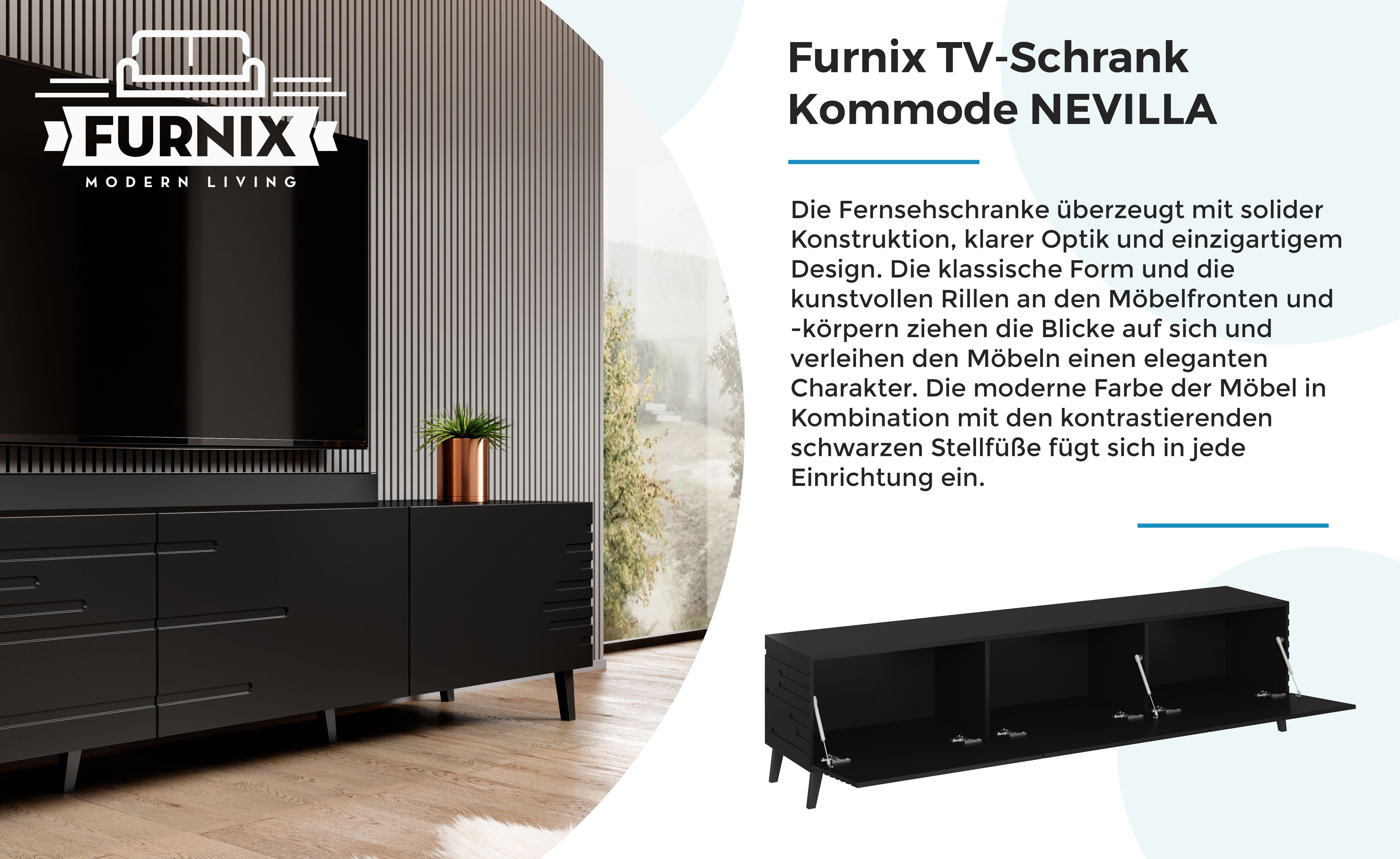 x NEVILLA Maße: TV-Schrank Schwarz Fronten Fernsehschrank mit B186 H48 x T40 Furnix dekorativen cm gefrästen