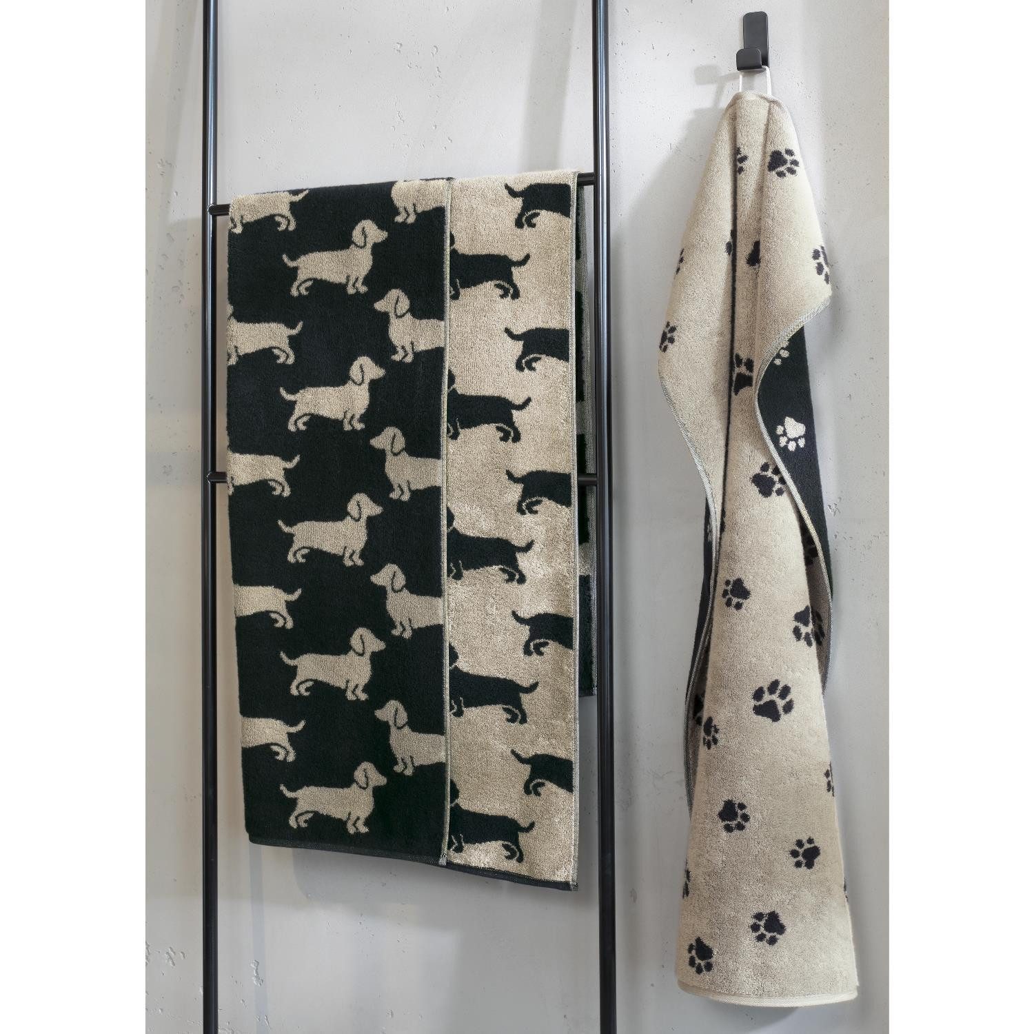 Cawö Handtuch 2 Stück Cawö We love Dogs Gästetücher 6247-93 Pfoten Schwarz 30x50, Walkfrottier (Spar-Set, 2-St), 100% Baumwolle