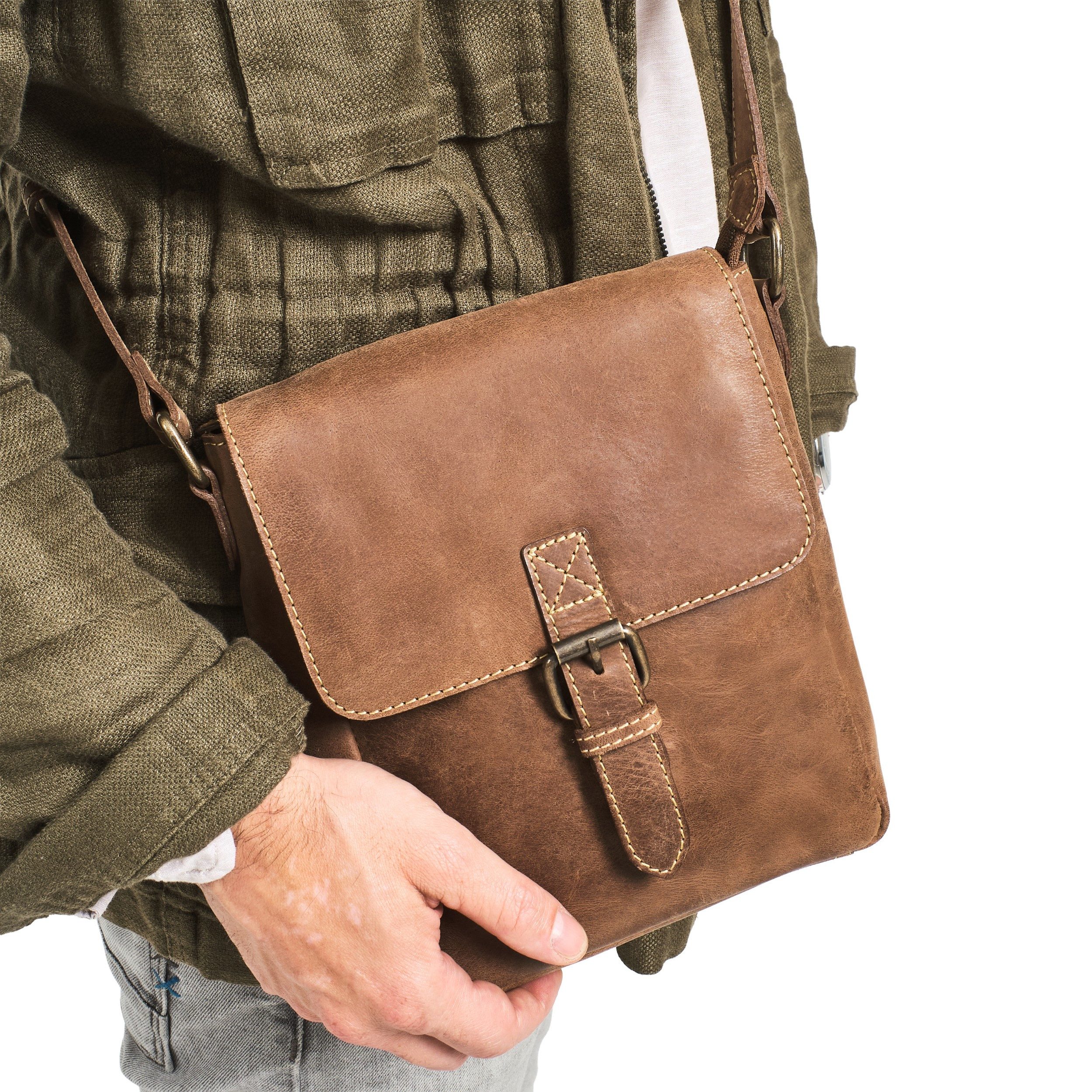 DRAKENSBERG Umhängetasche Umhängetasche »Carl« Havanna-Braun, robuste mittelgroße Umhängetasche aus Leder für Männer, Vintage