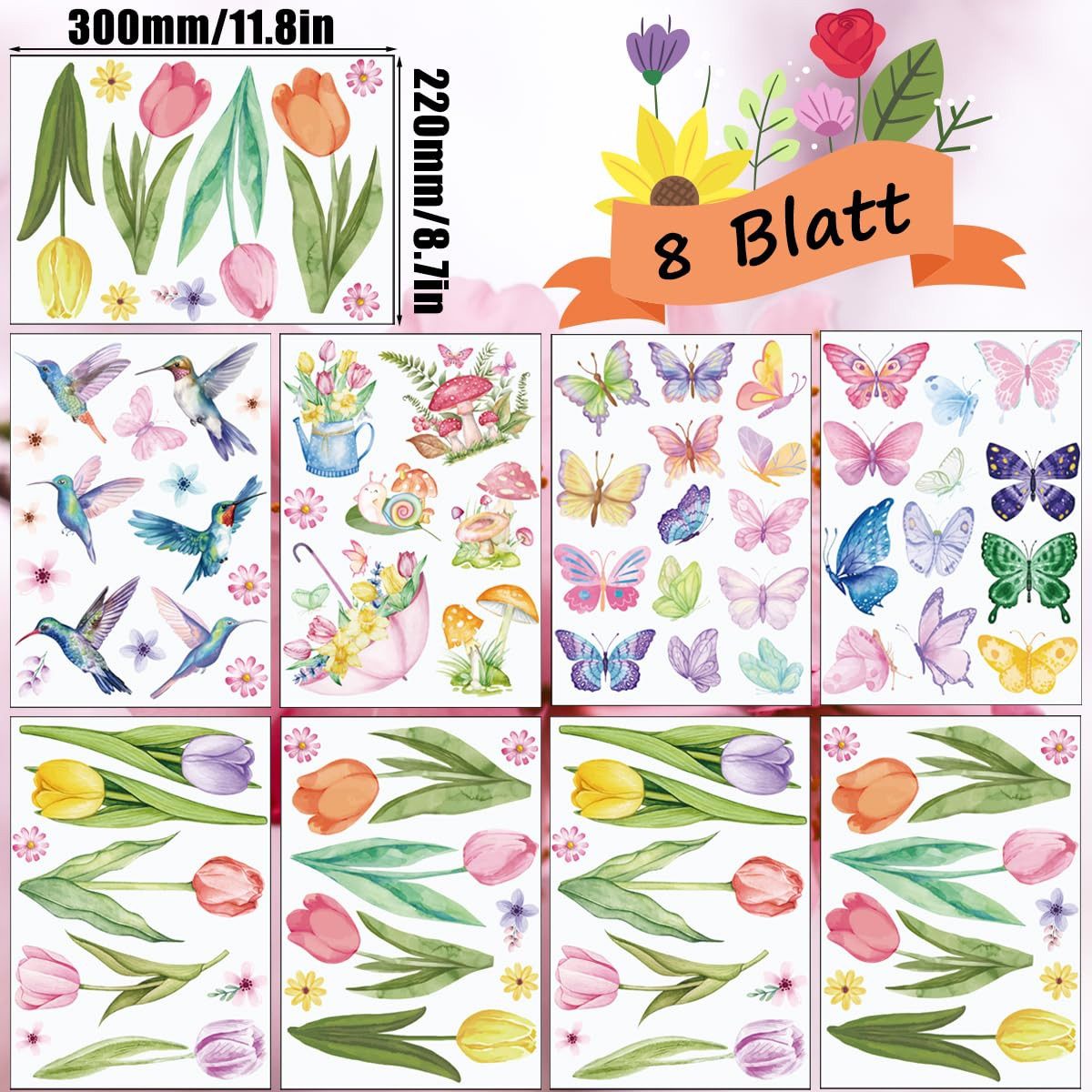 FOUORTUNATE-BEE Fenstersticker 8 Blätter Aquarell Fensterbilder Frühling Selbstklebend Fensterbilder, Blumen Vogel Schmetterling für Fensterdeko Kinderzimmer Frühlingsdeko
