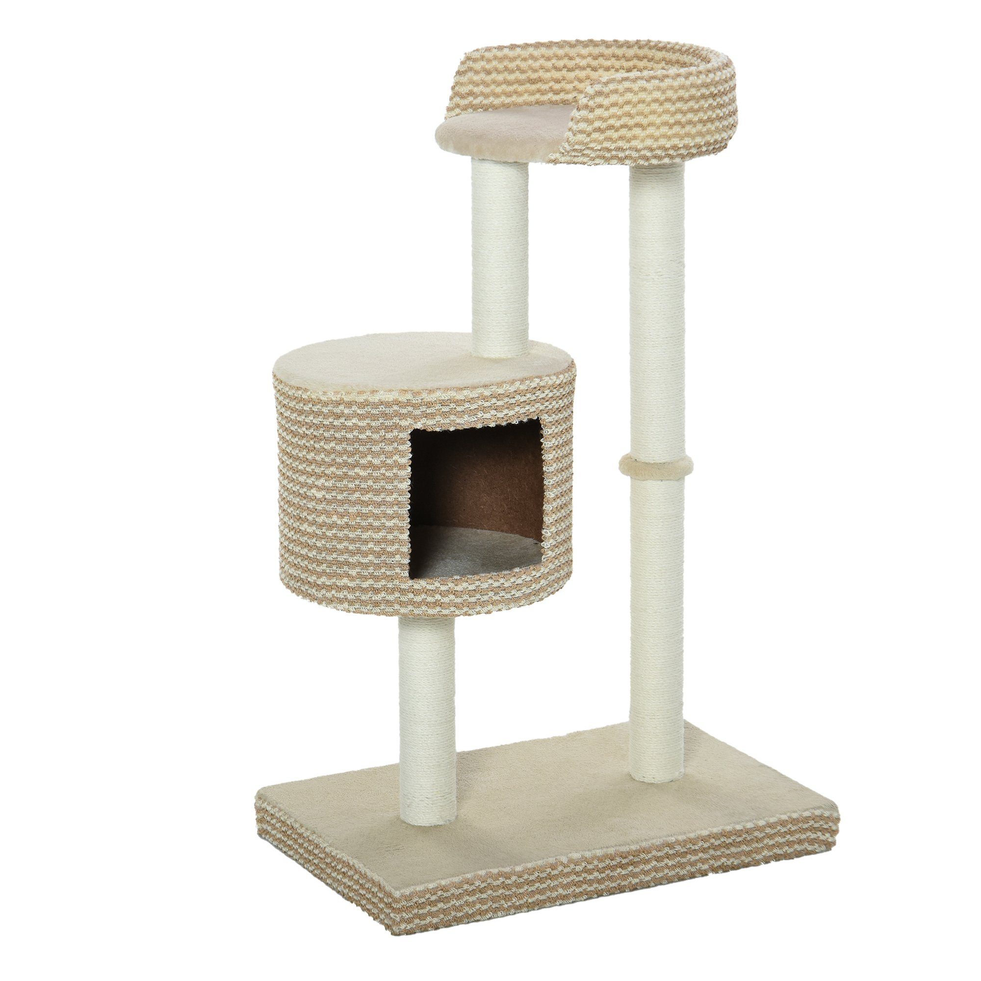 Kratzbaum Kletterbaum Katzenkratzbaum, Beige und Kaffee, Spanplatte Plüsch Jute