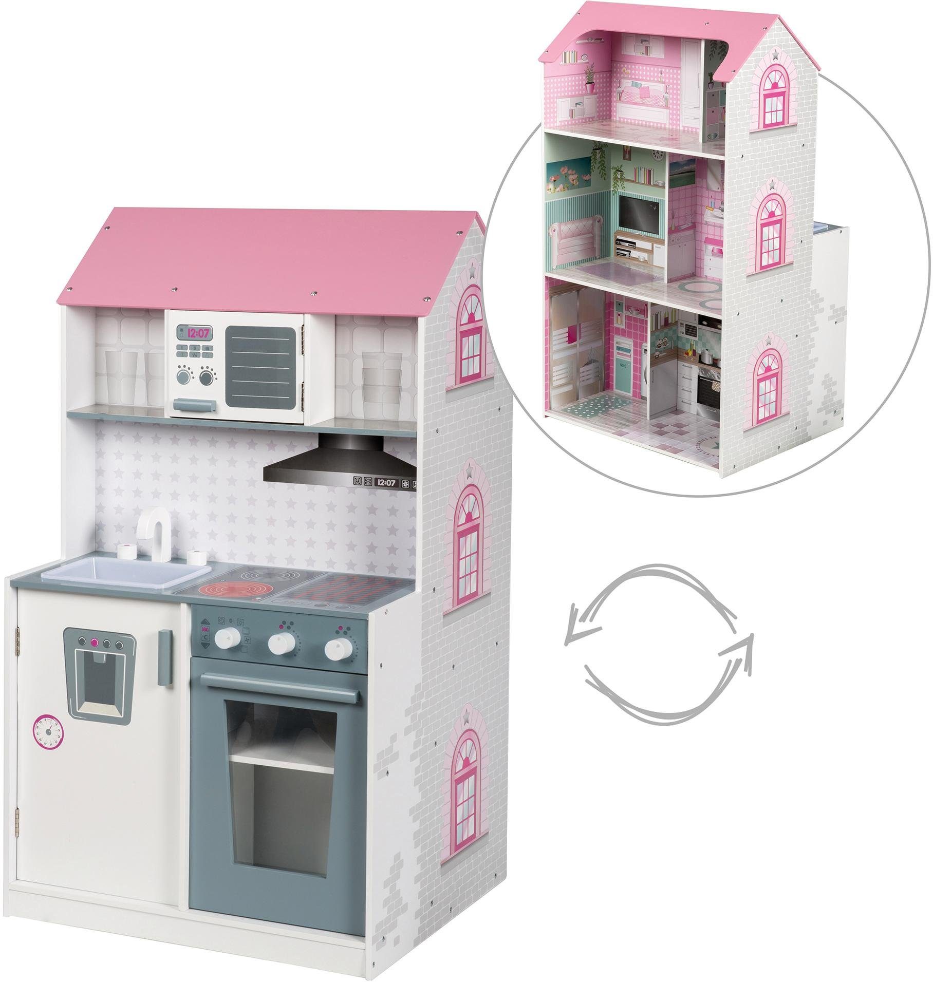 Image of roba® Spielküche »2-in-1, rosa« Holz, mit mehrstöckigem Puppenhaus