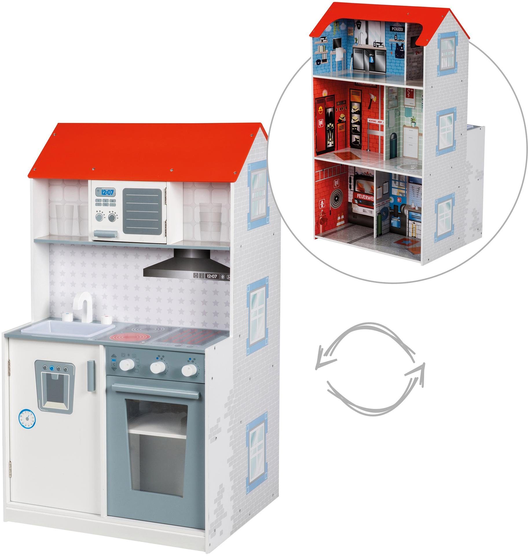 Image of roba® Spielküche »2-in-1, Feuerwehr« Holz, mit mehrstöckigem Puppenhaus