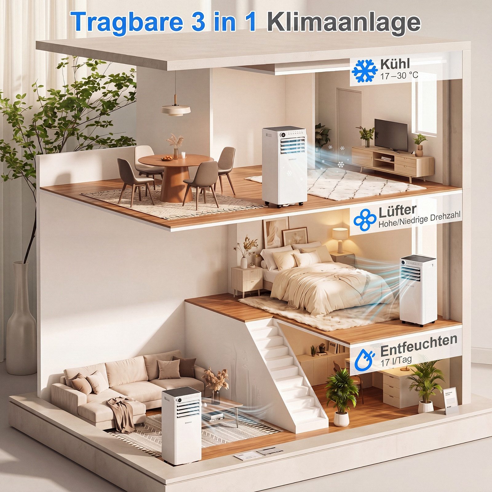COSTWAY 3-in-1-Klimagerät, 9000BTU Klimaanlage mit Abluftschlauch