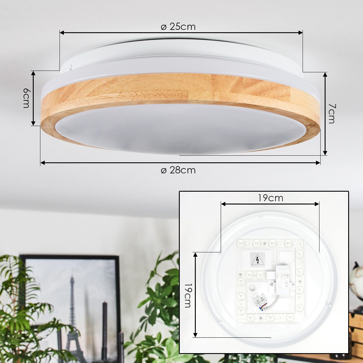 hofstein Deckenleuchte moderne Deckenlampe aus Metall/Bambus/Kunststoff in Weiß/Natur, LED wechselbar, 3000 Kelvin, Leuchte im angesagten Boho-Design (28cm), 17 – Bild 4 von 5