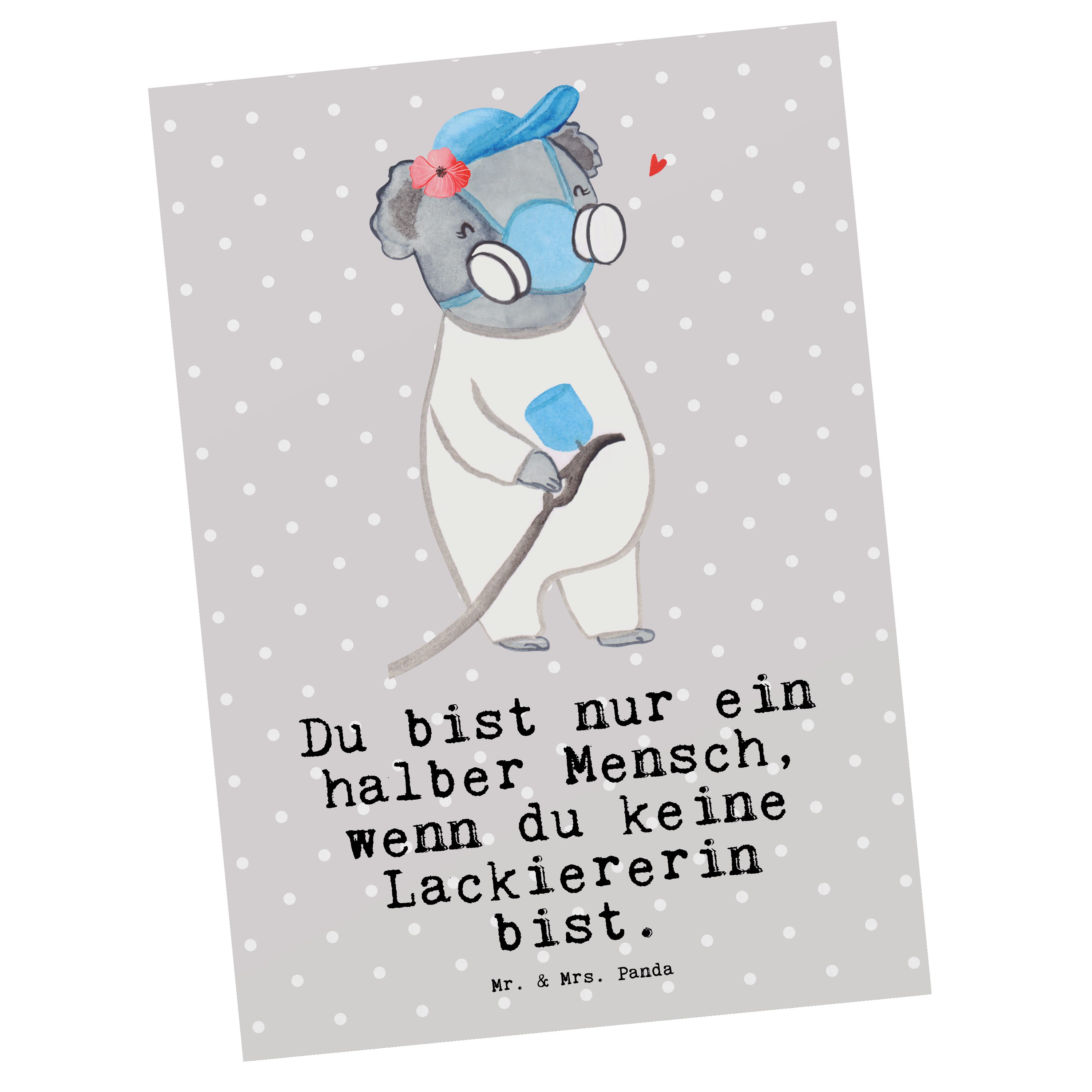 Mr. & Mrs. Panda Postkarte Lackiererin mit Herz - Grau Pastell - Geschenk, Einladungskarte, Auto