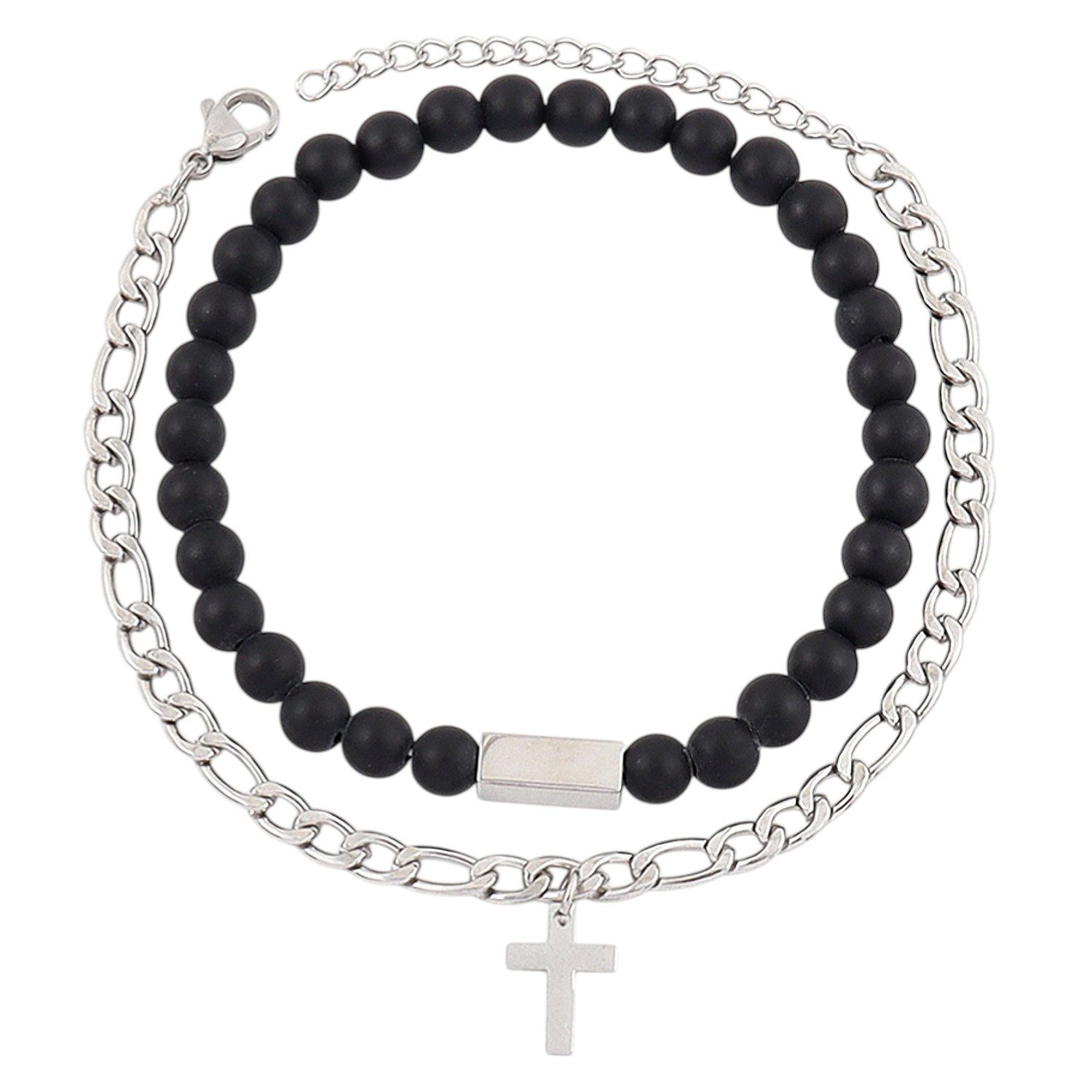 KARMA Armband Herren Armbandset Edelstahl Stein Silber Schwarz modern (modern Schmuck für Männer, Herrenschmuck Männerarmband), 19 cm Edelstahlarmband Perlenarmband
