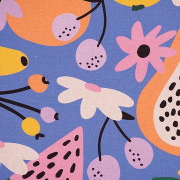 SCHÖNER LEBEN. Stoff Dekostoff Baumwolle Digitaldruck Retro Pop Obst Blumen lila bunt 1,40m, Digitaldruck