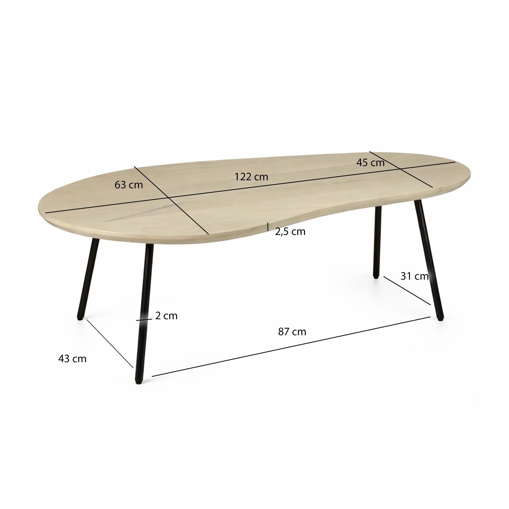FINEBUY Couchtisch FB115693 Wohnzimmertisch Nierenform 122cm Beistelltisch White Wash (Organische Form für ein harmonisches Wohngefühl), Stilvoller Tisch mit natürlicher Ausstrahlung