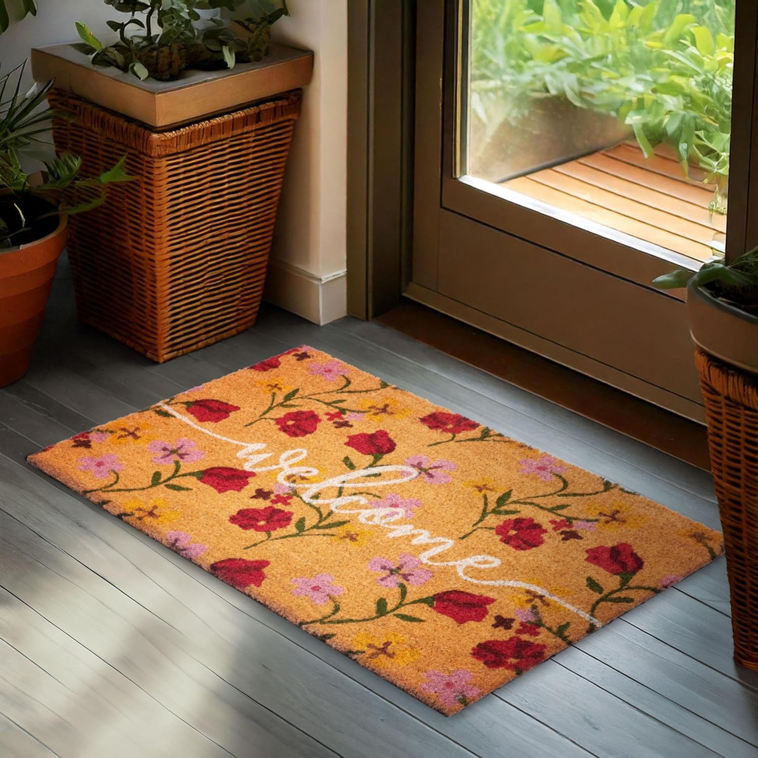 BRUBAKER Fußmatte Welcome mit Blumen Rosa und Rot - Schmutzfangmatte, Rechteckig, Höhe: 15 mm, Fußmatte für Außen und Innen - Wetterfest und Rutschfest - 45 x 75 cm