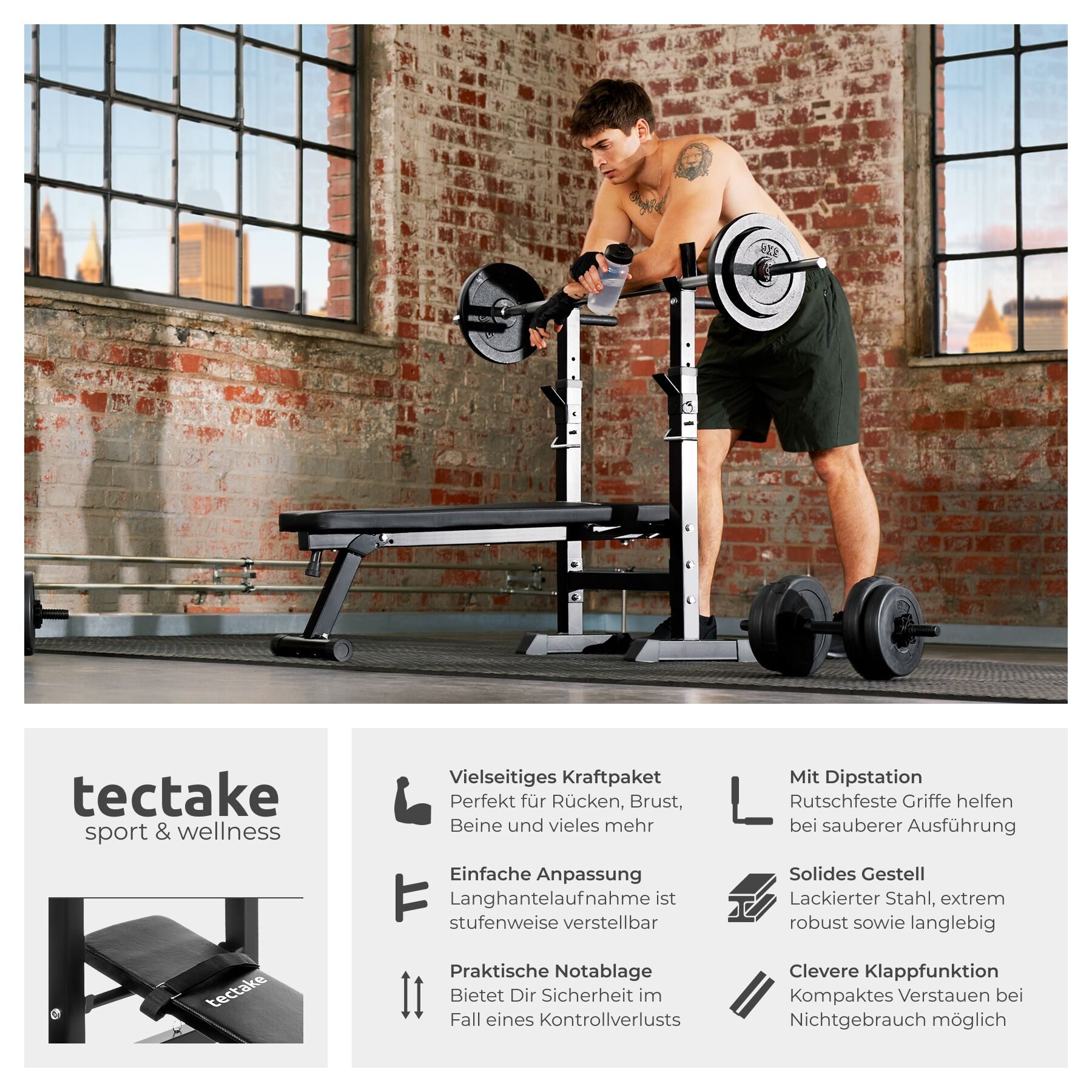 tectake Hantelbank Trainingsbank mit Langhantelablage, klappbar