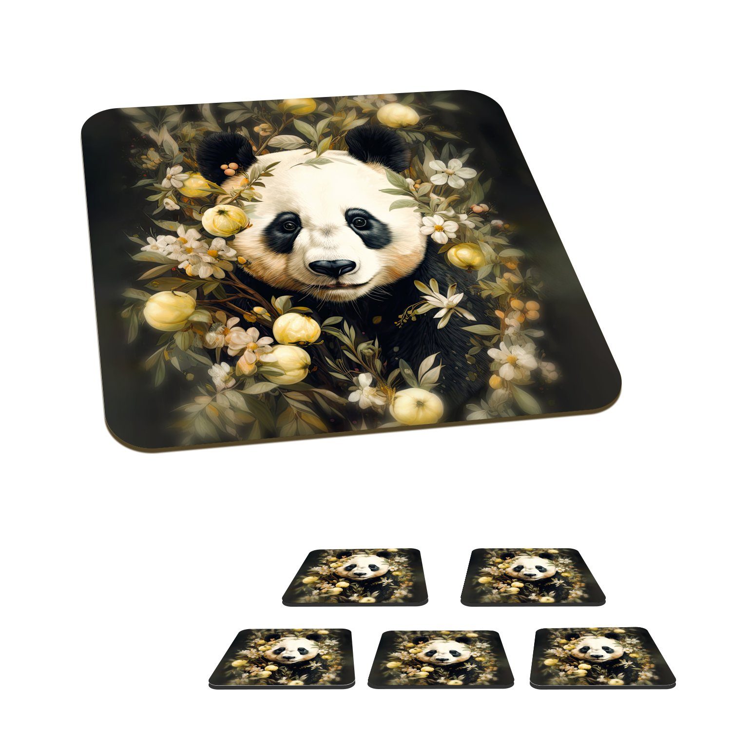 MuchoWow Glasuntersetzer Panda - Pandabär - Wildtiere - Blumen, Zubehör für Gläser, 6-tlg., Glasuntersetzer, Tischuntersetzer, Korkuntersetzer, Untersetzer, Tasse