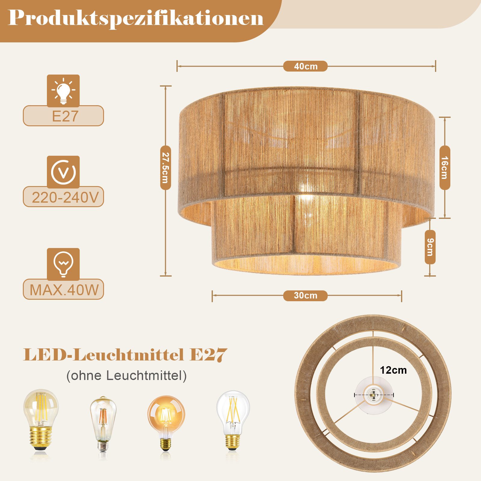 Nettlife Deckenleuchte Vintage Juteschnur Boho-Design Rustikale Pendelleuchte E27, ohne Leuchtmittel, für Wohnzimmer Schlafzimmer Küche oder Flur