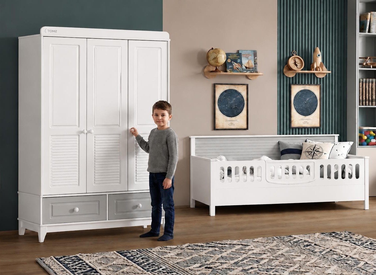 Xlmoebel Kinderkleiderschrank Moderner Kinderkleiderschrank in Weiß mit praktischem Stauraum (Moderner Kinderkleiderschrank, 3 Türen, 2 Schubladen) Made in Europa