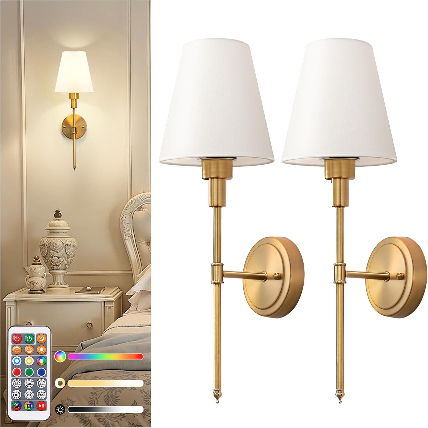 LOHAS-LED Wandleuchte 2er-Set kabellose Wandlampen mit Stoffschirm, RGBCW dimmbar, LED wechselbar, warmweiß, kaltweiß, wechselbare RGB-Farbtöne, Wiederaufladbar mit IR-Fernbedienung & Timer