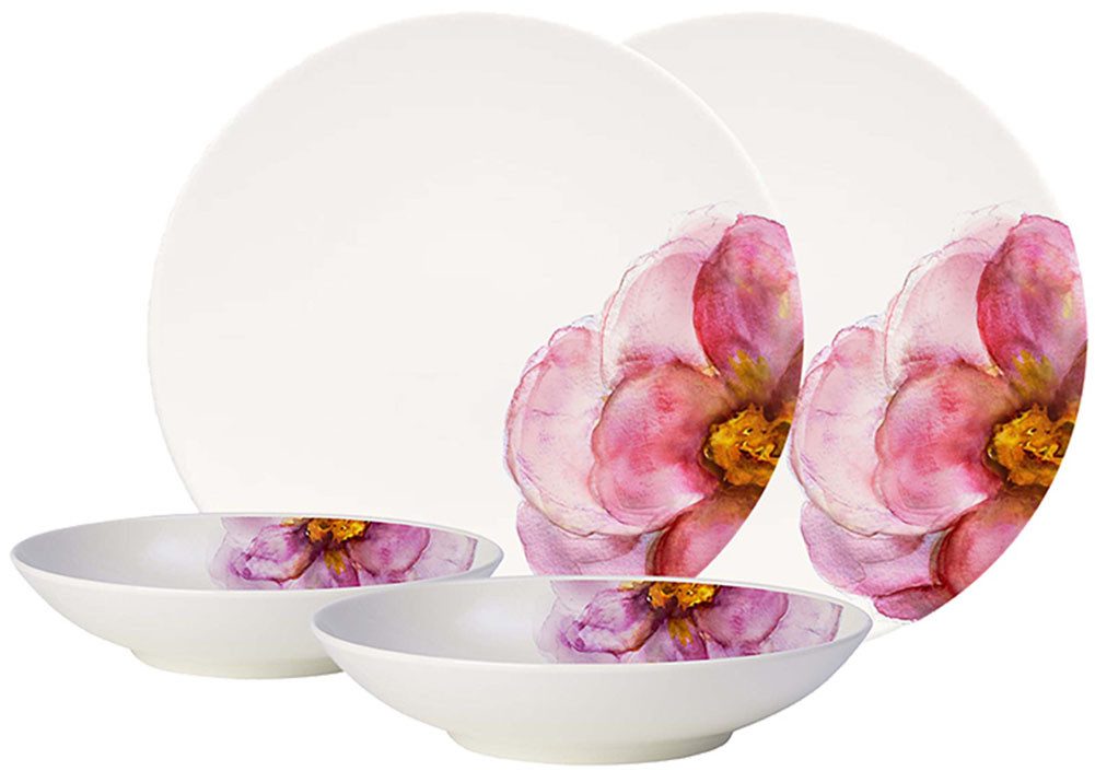 Villeroy & Boch Geschirr-Set Rose Garden (4-tlg), 2 Personen, Fine China-Porzellan, Made in Germany, Fine China Porzellan