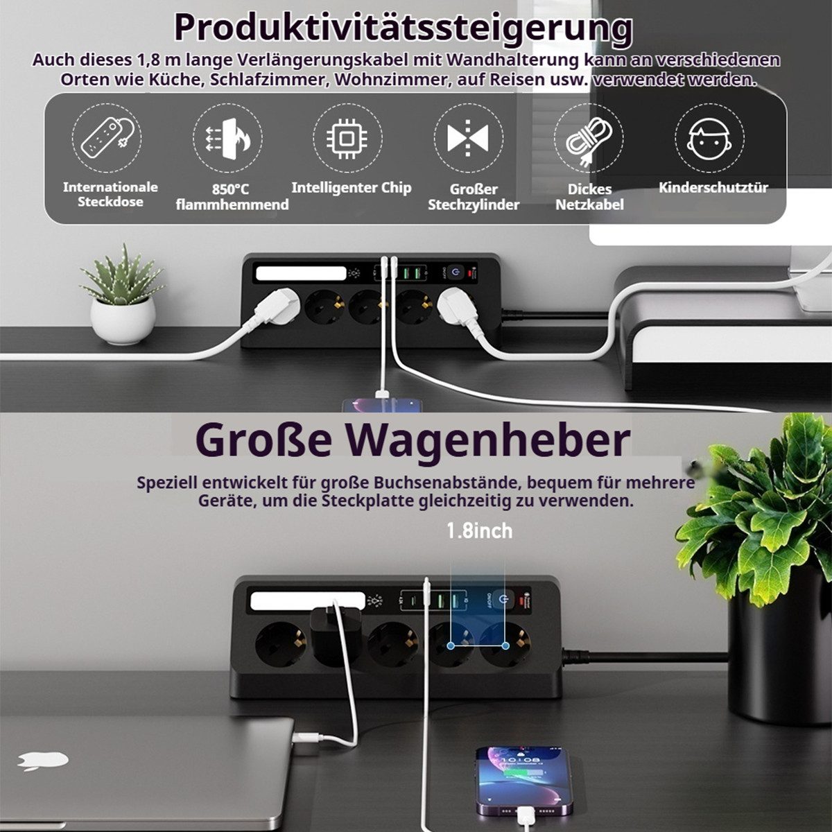 VIVIHEYDAY Mehrfachsteckdose mit Hauptschalter, 5-fach (Ein- / Ausschalter Steckdosenleiste (Schalterbeleuchtung, USB-Anschlüsse, Kabellänge 1.8 m), Haushaltsladesteckdose