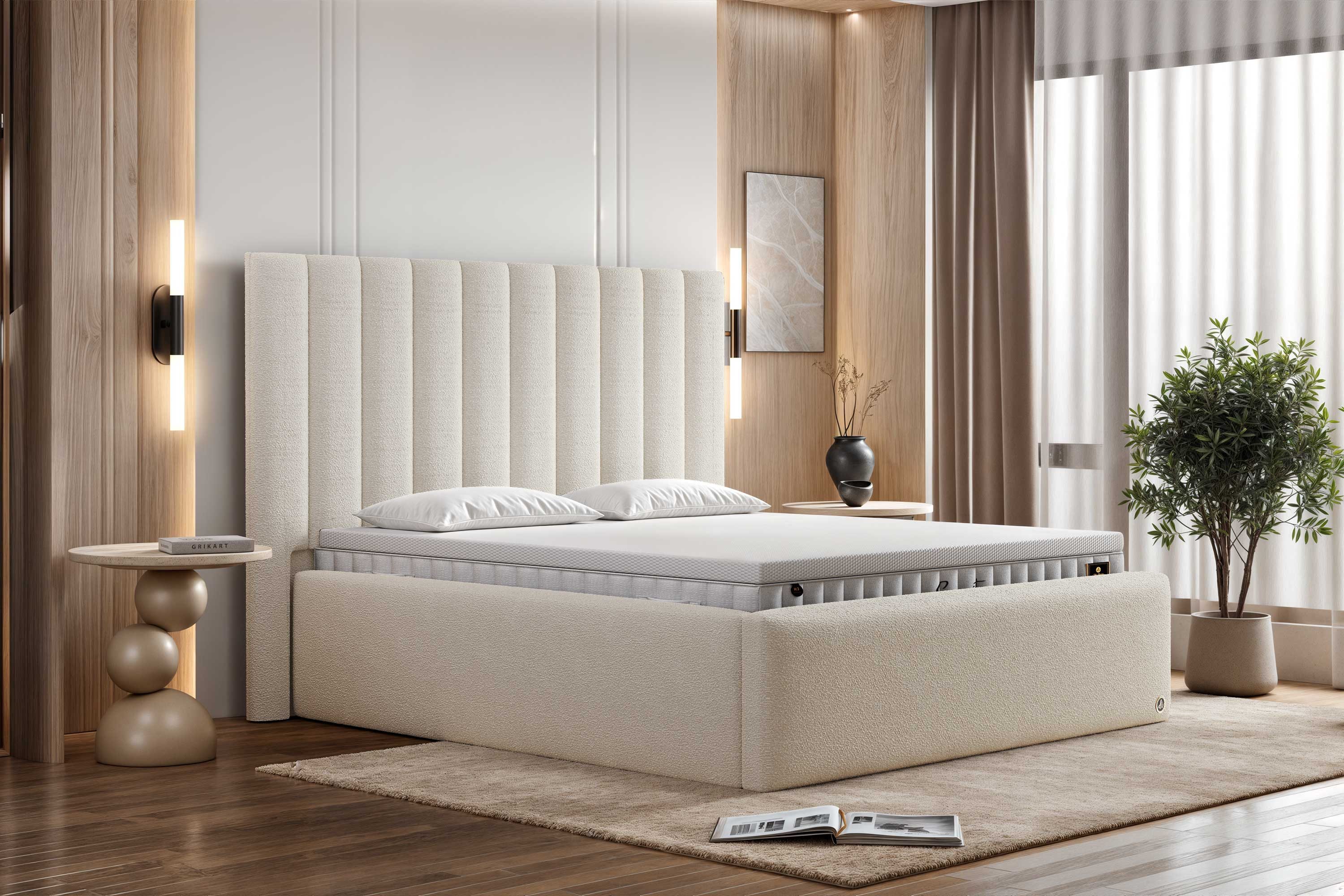 Di-Lara Polsterbett Hera 240x200 cm (Creme, mit Lattenrost(e) und XXL Bettkasten), ohne Matratze(n) und Topper