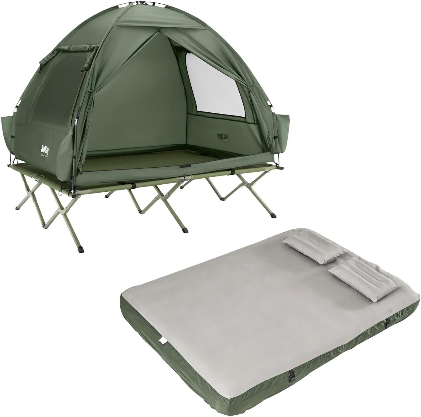 SoBuy Angelzelt OGS32-II-L-GR-TP, Campingzelt mit Luftmatratze, 2-Personen-Zelt, Personen: 2 (2er Set), Komplettset mit Faltgestell, Zubehör und Regenschutz