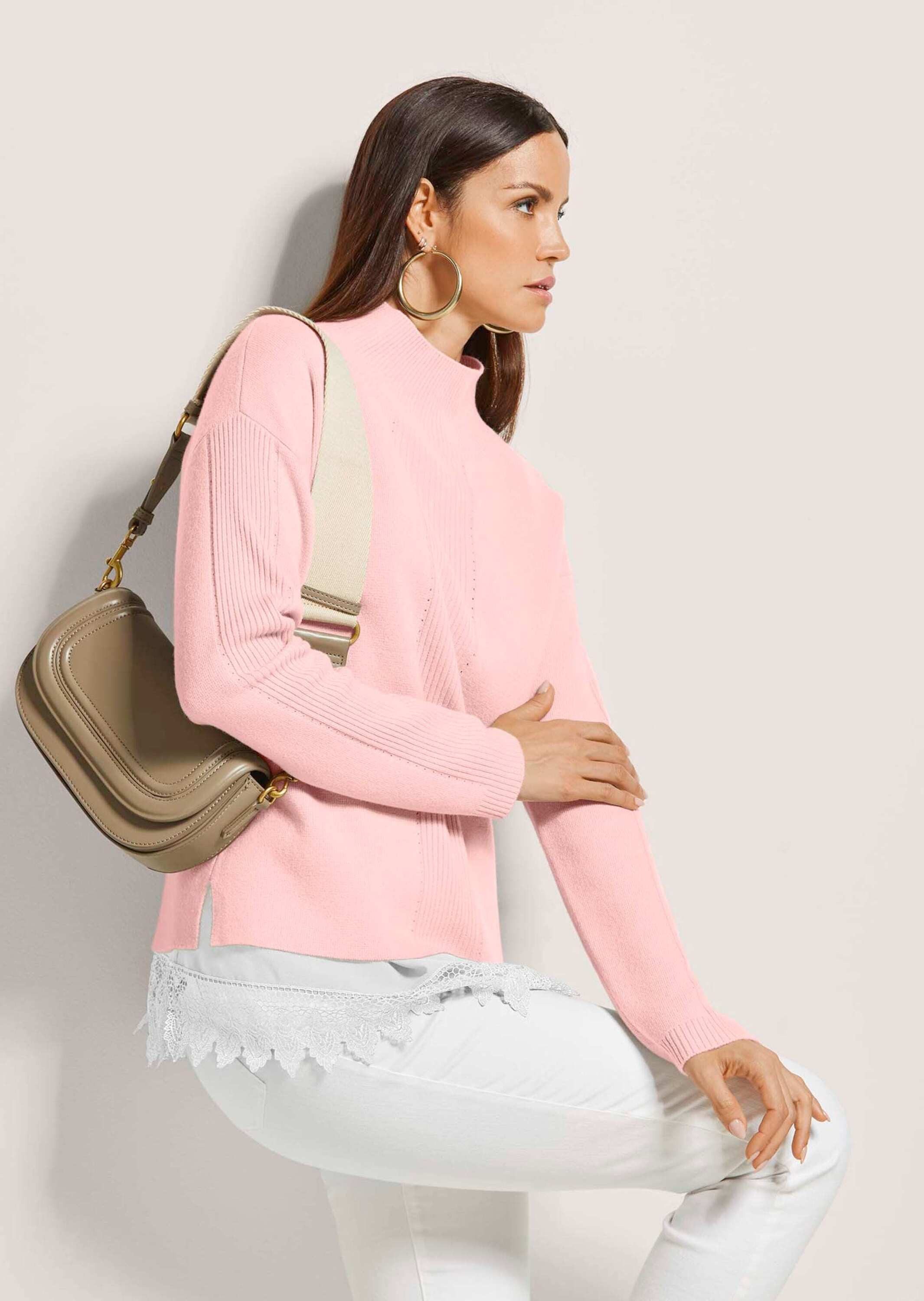 MADELEINE Strickpullover Kaschmir-Pullover mit Pointelle-Muster Pullover mit Stehkragen, überschnittene Schultern, Seitenschlitze
