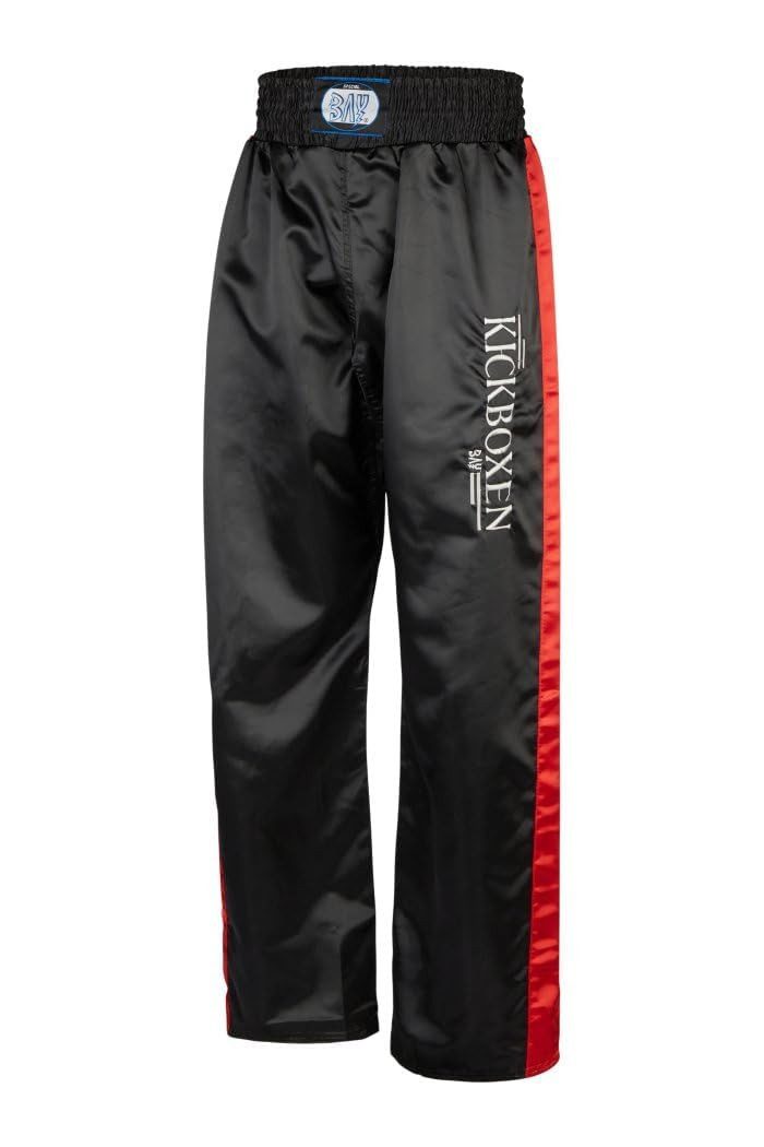 BAY-Sports Sporthose Kickboxhose EDEL STICK Hose lang Kickboxen Kampfsport lange, leichte, locker sitzende Trainingshose, Schwarz/Rot