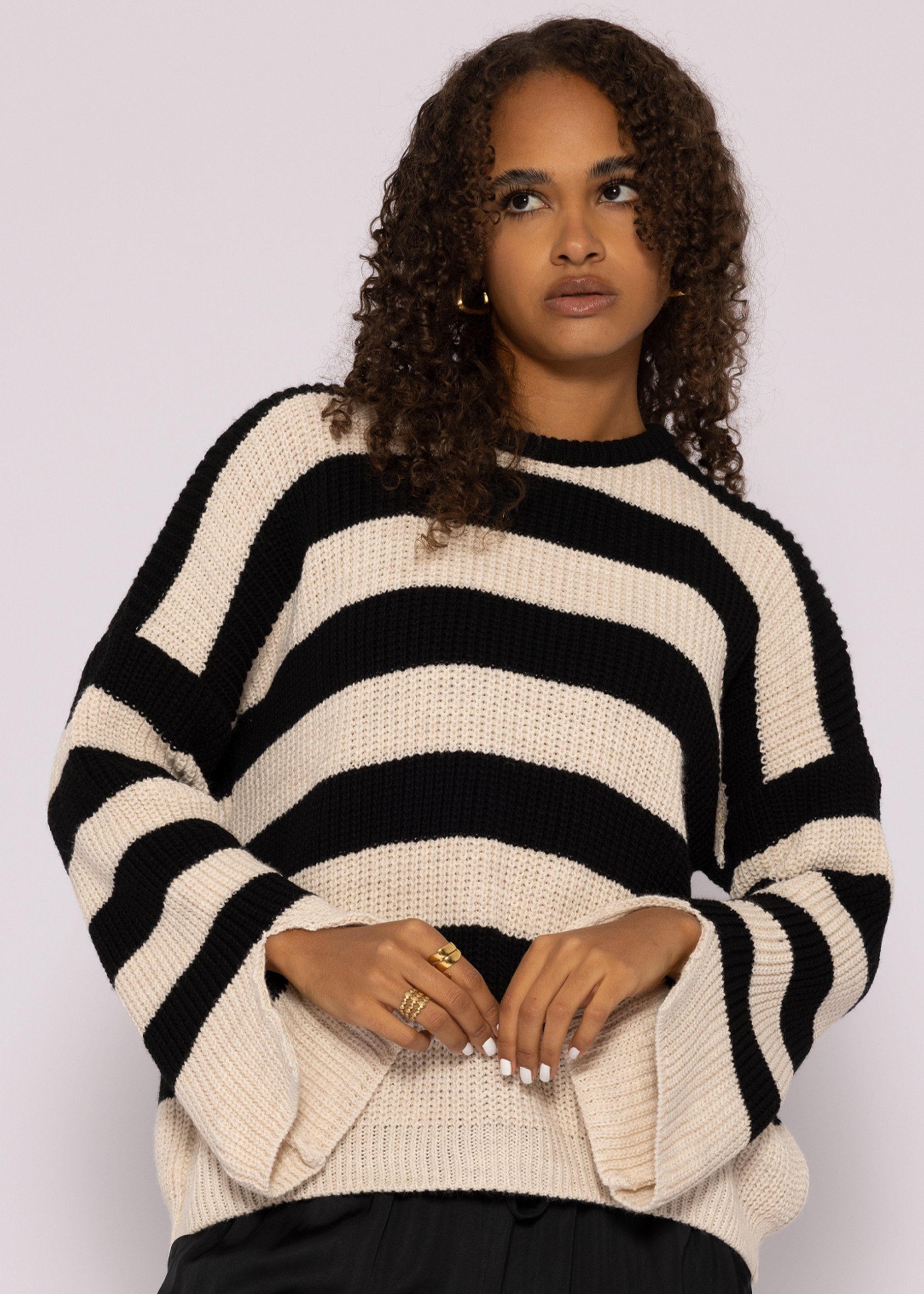 SASSYCLASSY Strickpullover Oversize Pullover Damen aus weichem Grobstrick Lässiger Strickpullover mit Streifen, Made in Italy, One Size (Gr. 36-42)