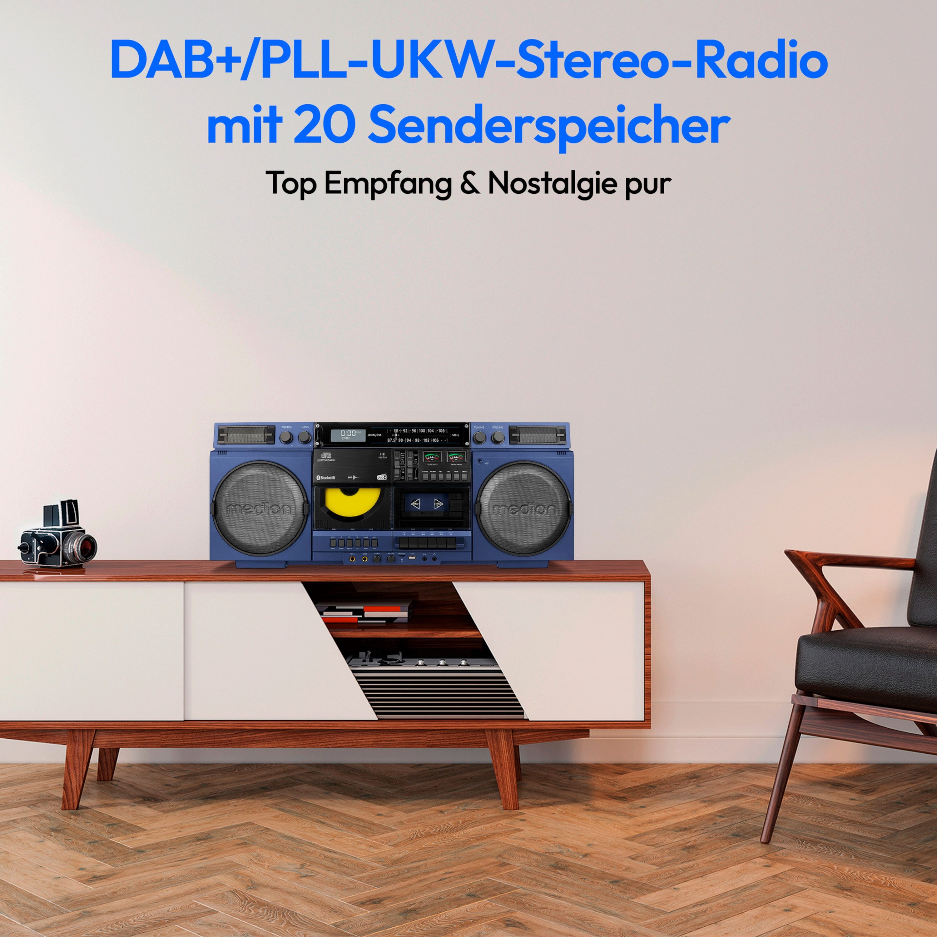 Medion® Audio-System Retro Boombox LIFE® P66538 (MD44538) (20 W, Bluetooth 5.3, 80er, groß, USB, SD, CD, Kassetten, MC, DAB+ Radio, Bluetooth)