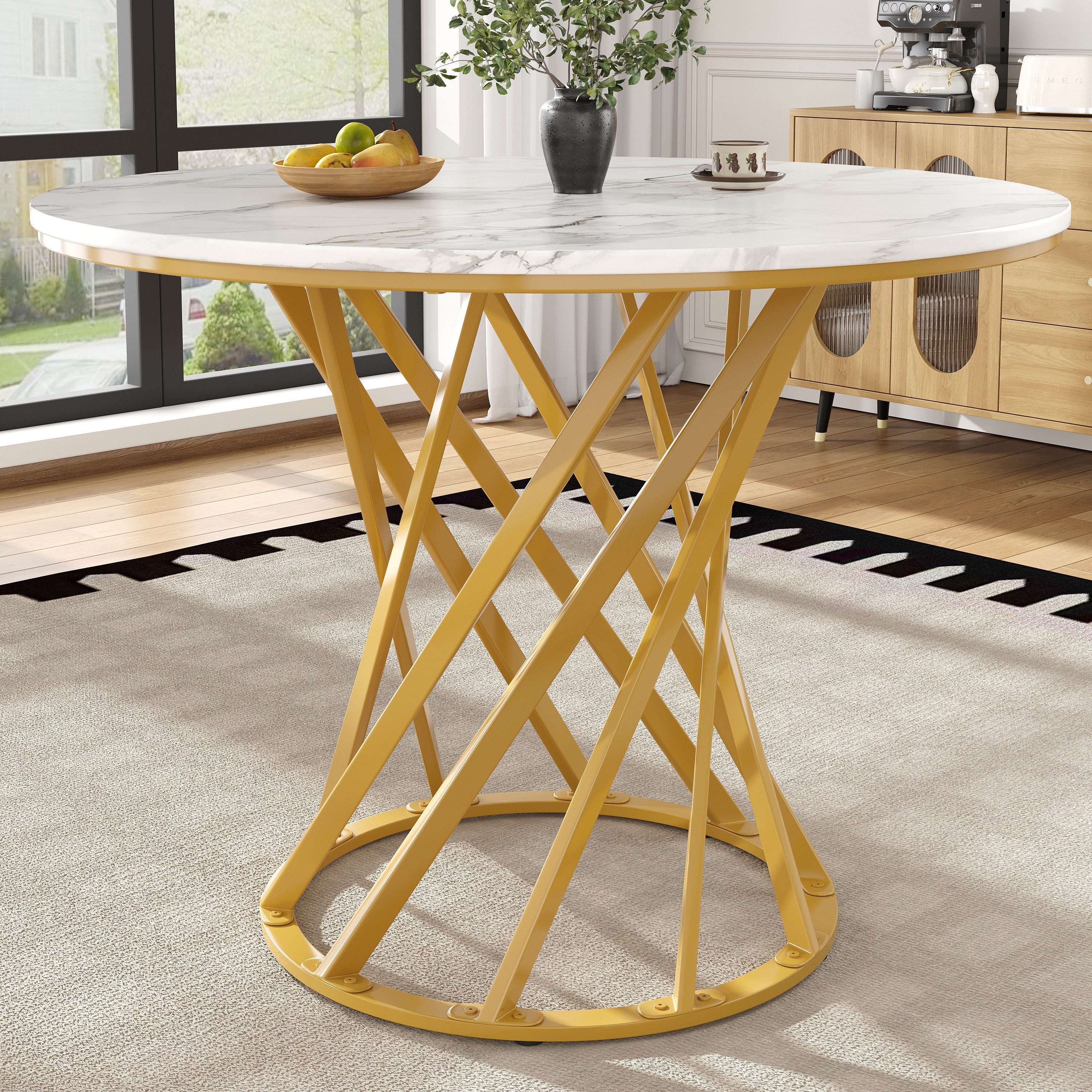 BlingBin Esstisch Runder Küchentisch Kaffeetisch mit Metall Tischbeine für 4 Personen (1er Set, 1-St., Produktgröße: 80×80×76cm, Tragendes Gewicht: 60kg/Tisch), Geeignet für Esszimmer Wohnzimmer, MDF Marmorierte Tischplatte