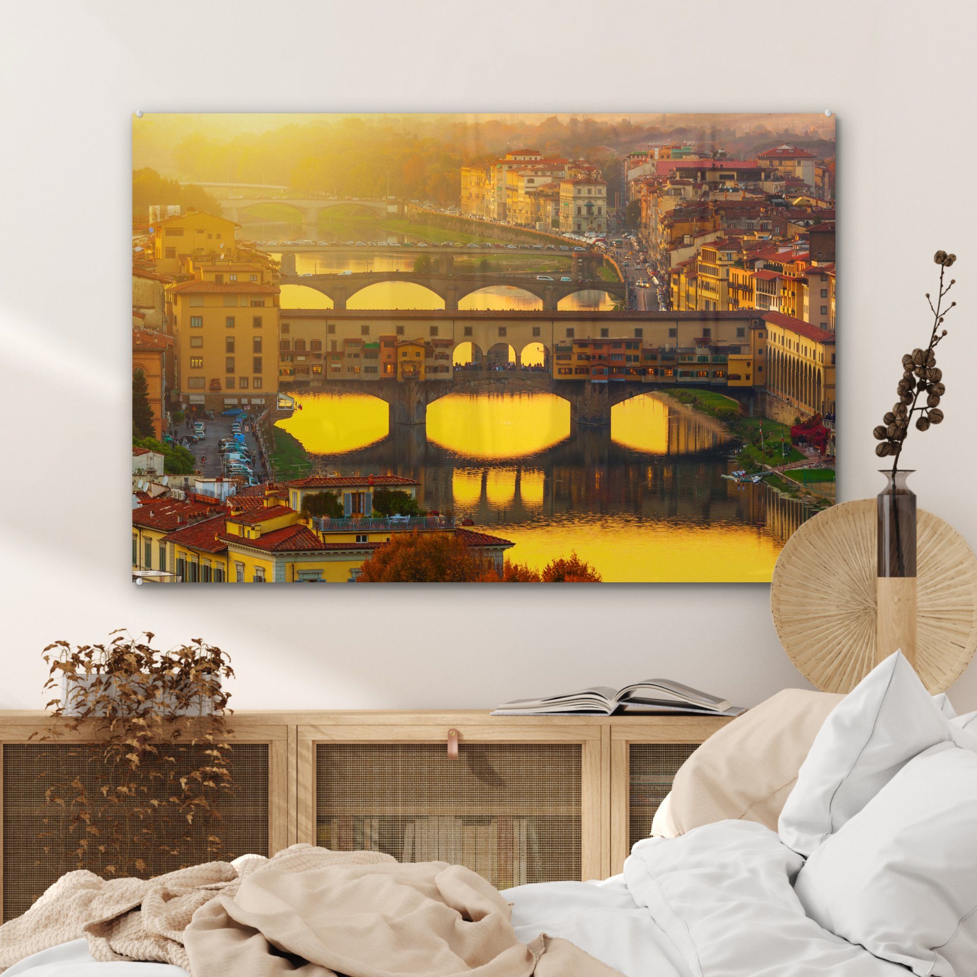 der durch & Acrylglasbilder die Wohnzimmer St), (1 Beleuchtung Schlafzimmer Italien, Acrylglasbild MuchoWow Vecchio tiefstehende Sonne Ponte in