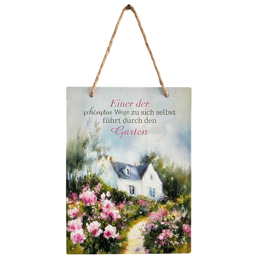 abc HOME Wanddekoobjekt Metallschild Garten Deko – Wandschild mit Spruch & Kordel, 16 cm