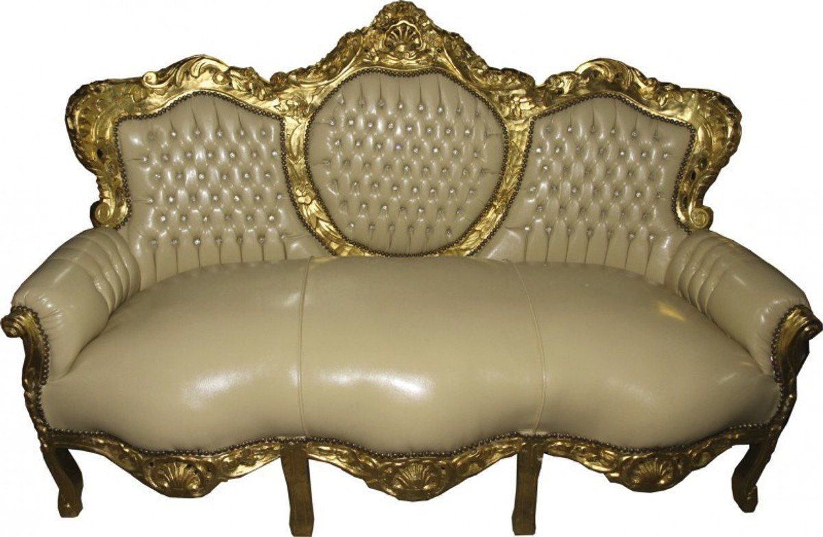 Casa Padrino Sofa Barock Sofa Garnitur Creme / Gold Lederoptik Bling Bling - Möbel Antik Stil