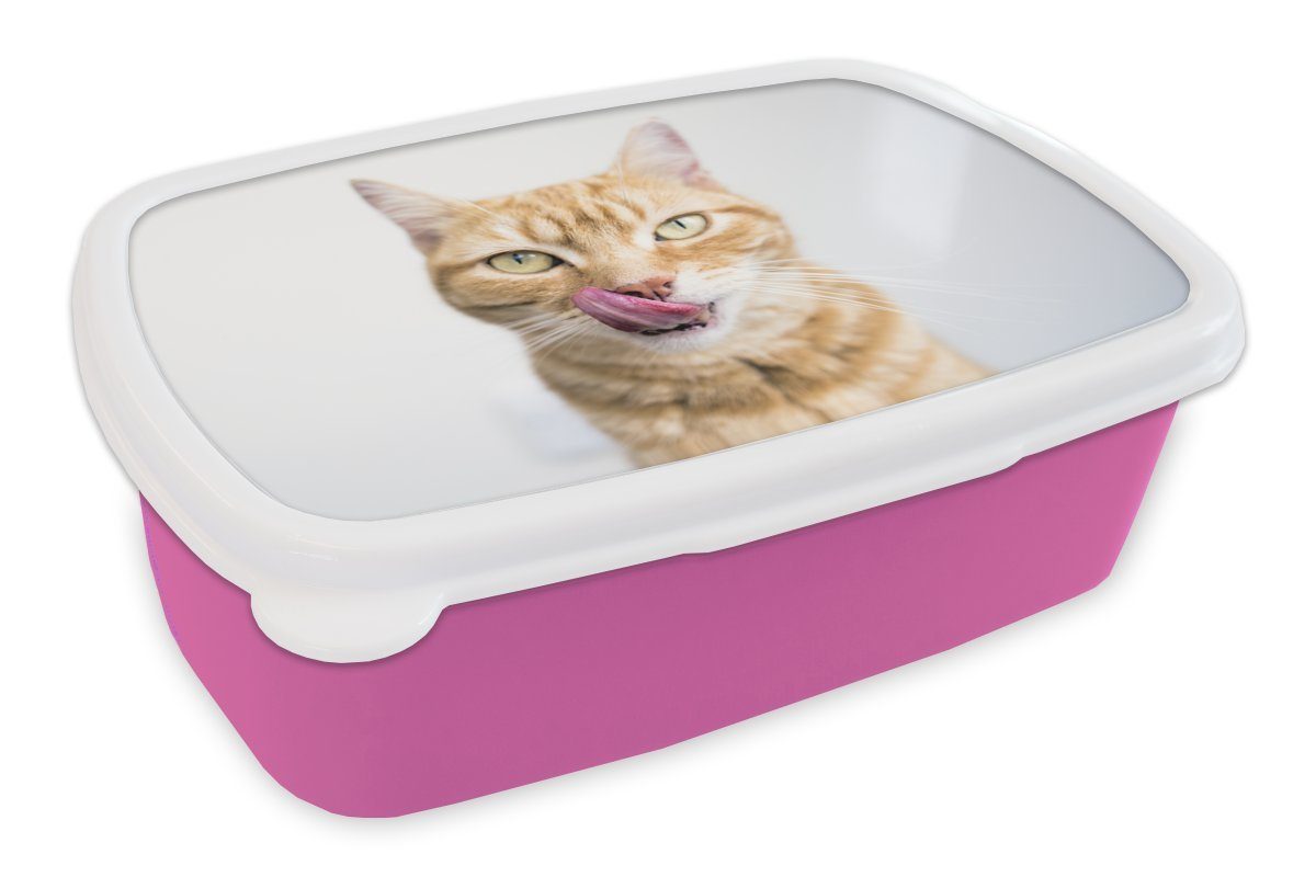 MuchoWow Lunchbox Katze - Zunge - Weiß, Kunststoff, (2-tlg), Brotbox für Erwachsene, Brotdose Kinder, Snackbox, Mädchen, Kunststoff rosa