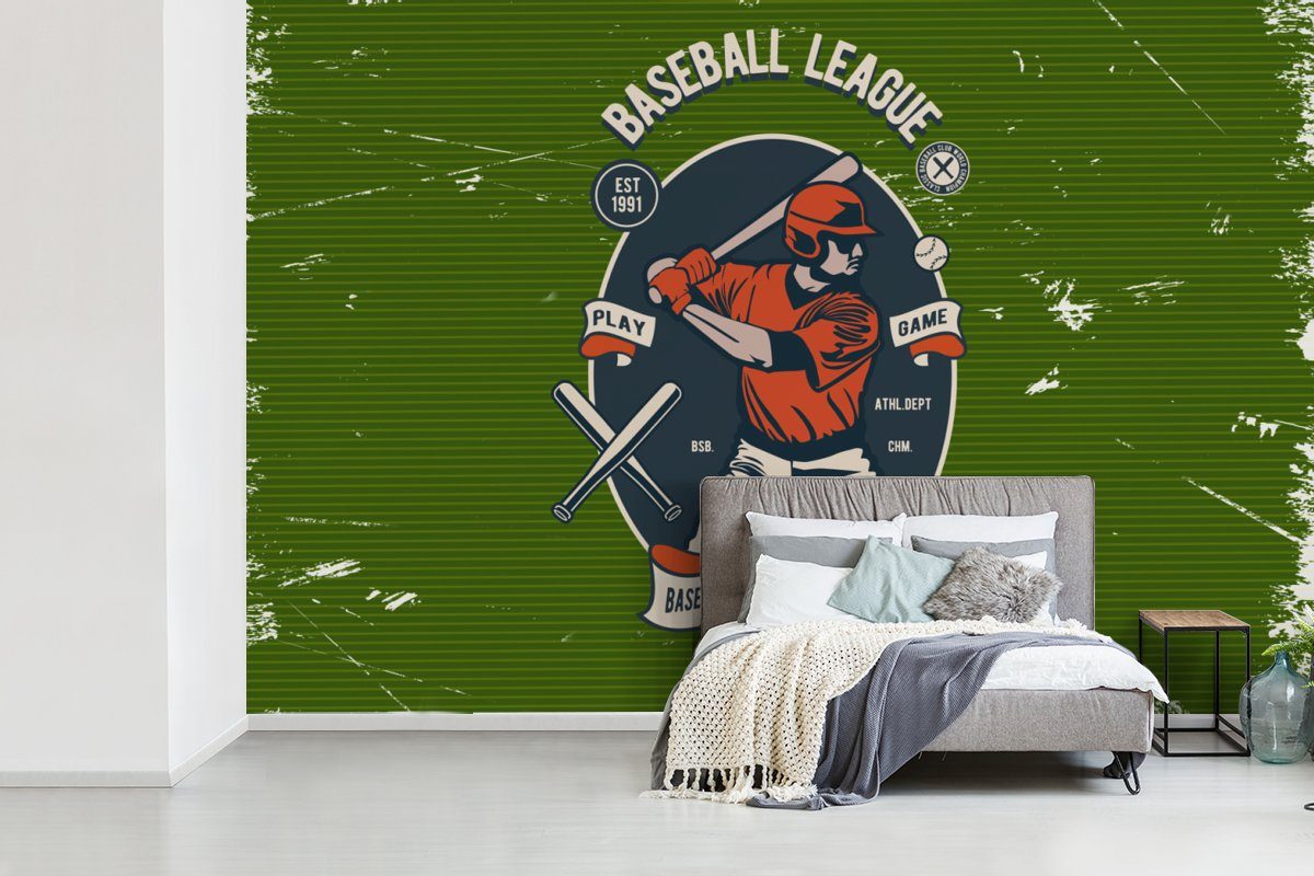 Vinyl für Tapete Schlafzimmer, Wallpaper Matt, Fototapete St), Baseball Baseball bedruckt, Kinderzimmer, Wohnzimmer, - Retro, (6 MuchoWow -
