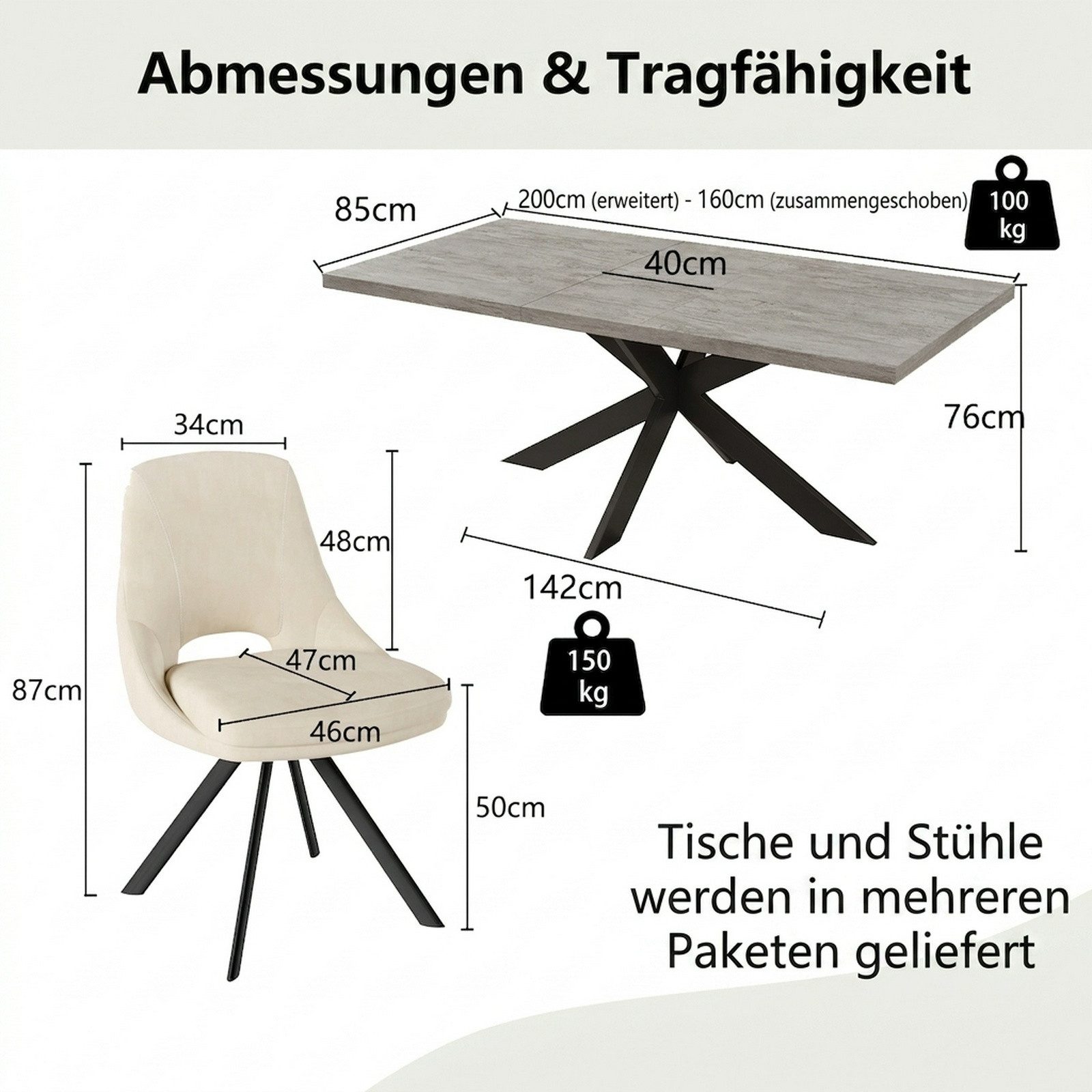 Jiexi Essgruppe Essgruppe ausziehbar 160-200cm MDF Rhein-Optik Flanell Stühle Set