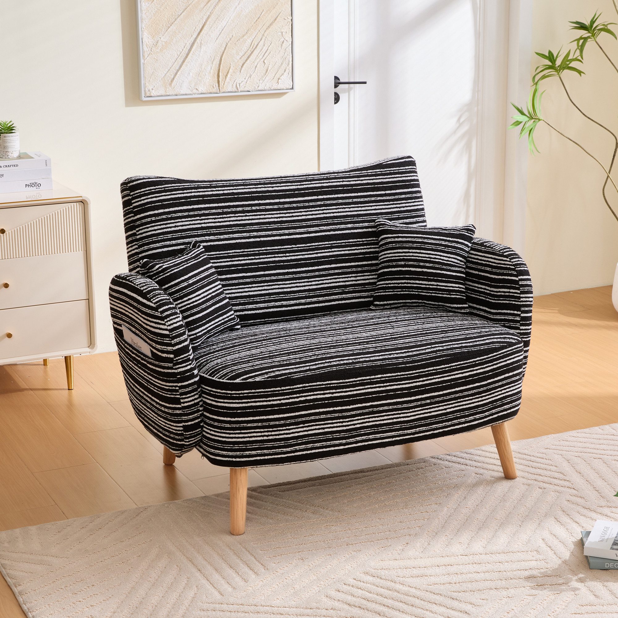 HAUSS SPOLE Sofa mit Kissen,Relaxsofa Zweisitzer-Sofa mit Stautasche,Boucle-Stoff, mit superbequemen Armlehnen, Armlehnenkissen & seitlicher Aufbewahrungstasche, mit seitlicher Aufbewahrungstasche