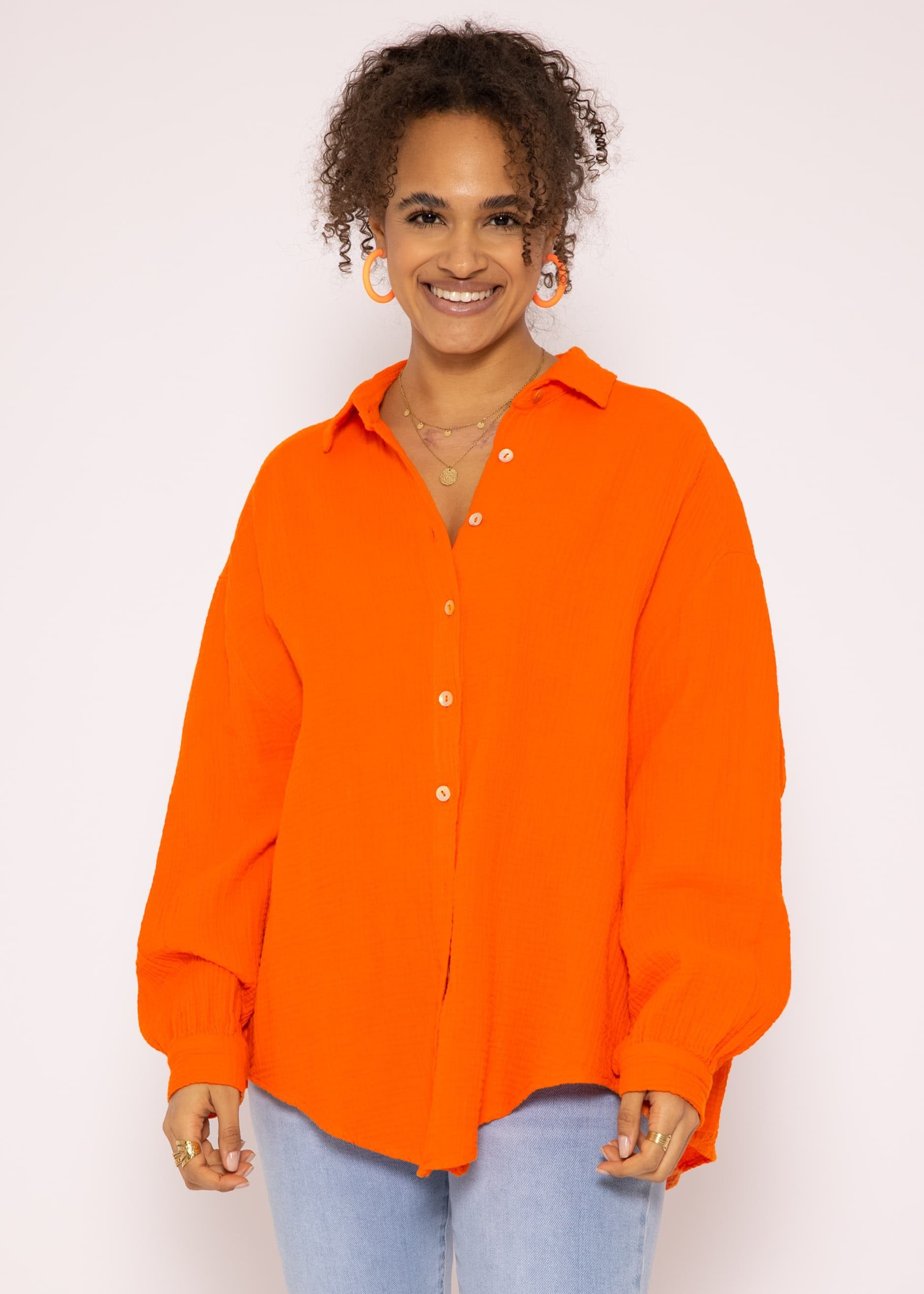 SASSYCLASSY Longbluse Oversize Musselin Bluse Damen Langarm Hemdbluse lang aus Baumwolle mit V-Ausschnitt, One Size (Gr. 36-48) Orange