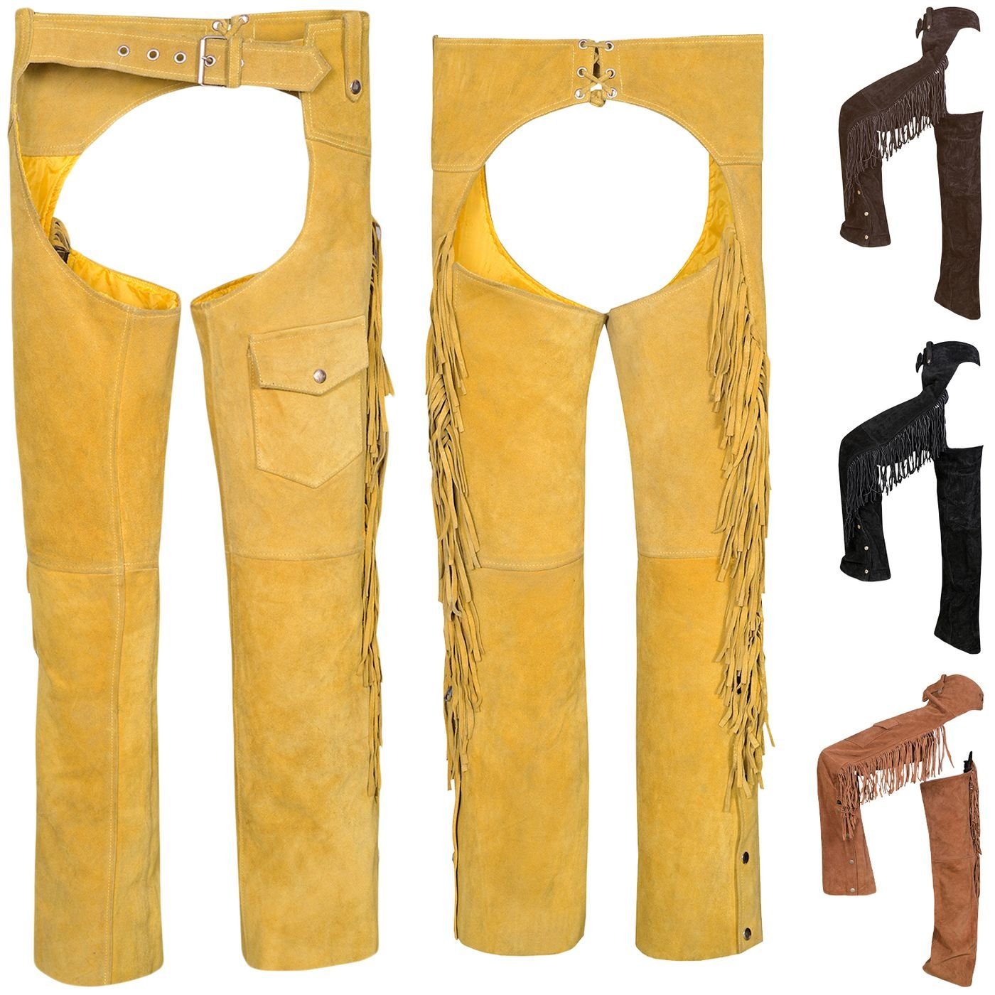 Chaps Western German Reiter Lederhose Cowboy Reithose Ocker Fransenhose GW952T Lederchaps Wear