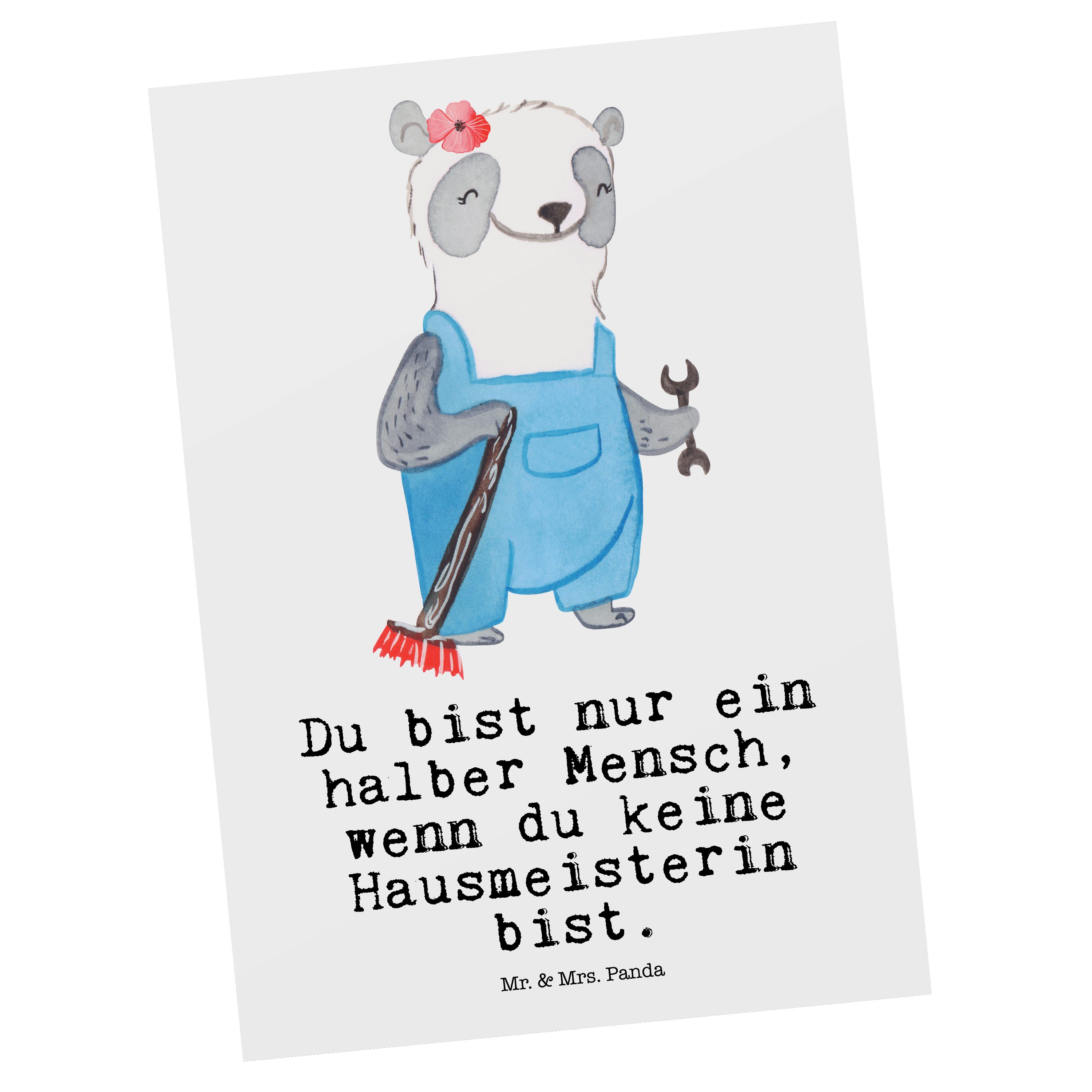 Mr. & Mrs. Panda Postkarte Hausmeisterin mit Herz - Weiß - Geschenk, Arbeitskollege, Dankeskarte